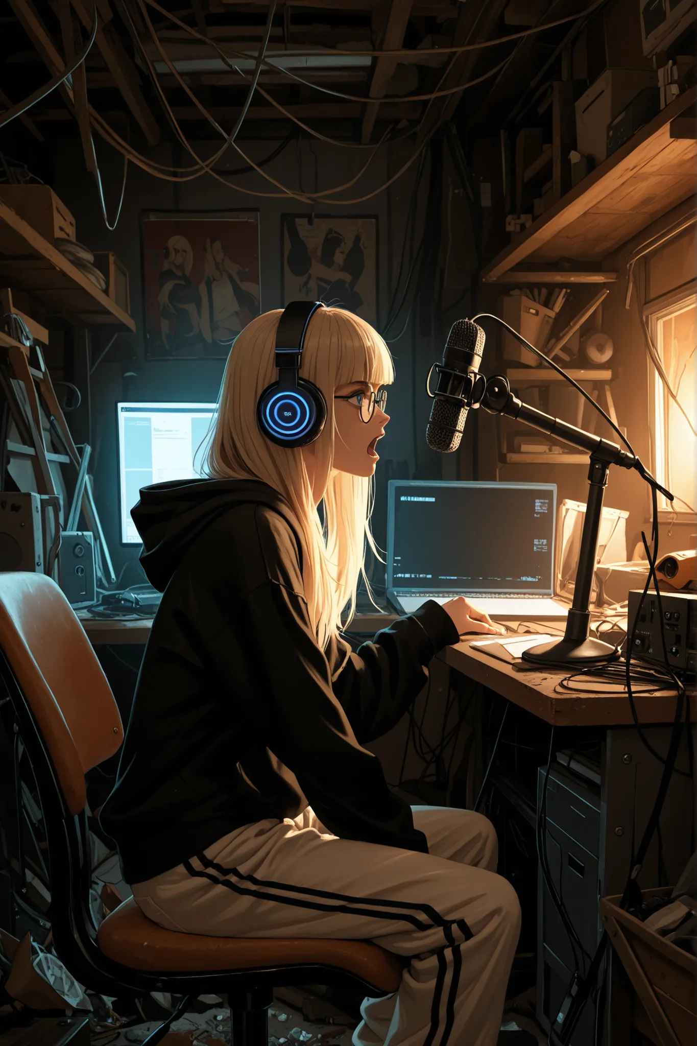 masterpiece,best quality,amazing quality,absurdres, (masterpiece), best quality, interior, dark, night, warm colors and lighting, small room, workshop, messy, ((clutter)), cluttered, claustrophobic, cozy, full of junk, desk, microphone, shelf, tech, multip...