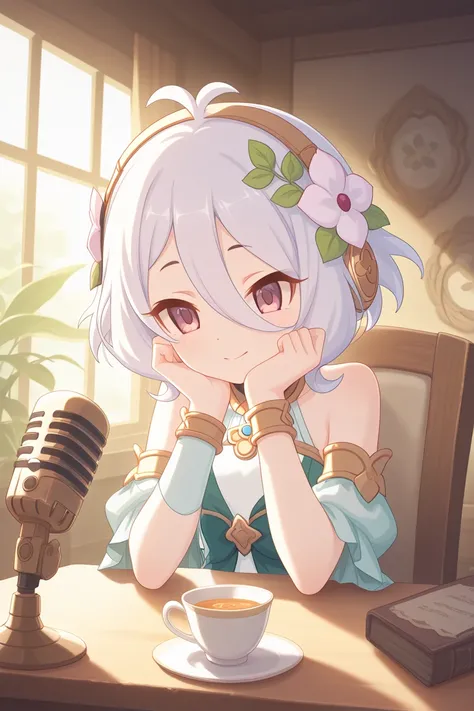 masterpiece, best quality, amazing quality, 1girl, Kokkoro from Princess Connect Re:Dive, reimagined in modern style, quietly hosting a podcast. She wears a pastel-tone elegant dress, with a gentle smile and calm eyes, speaking into a microphone at a wooden desk. Headphones rest on her head, and there’s a teacup and potted plant beside her. The studio is softly lit, peaceful, and warm, with soft ambient lighting and natural tones. Anime style, serene atmosphere, soft colors, detailed shading.
