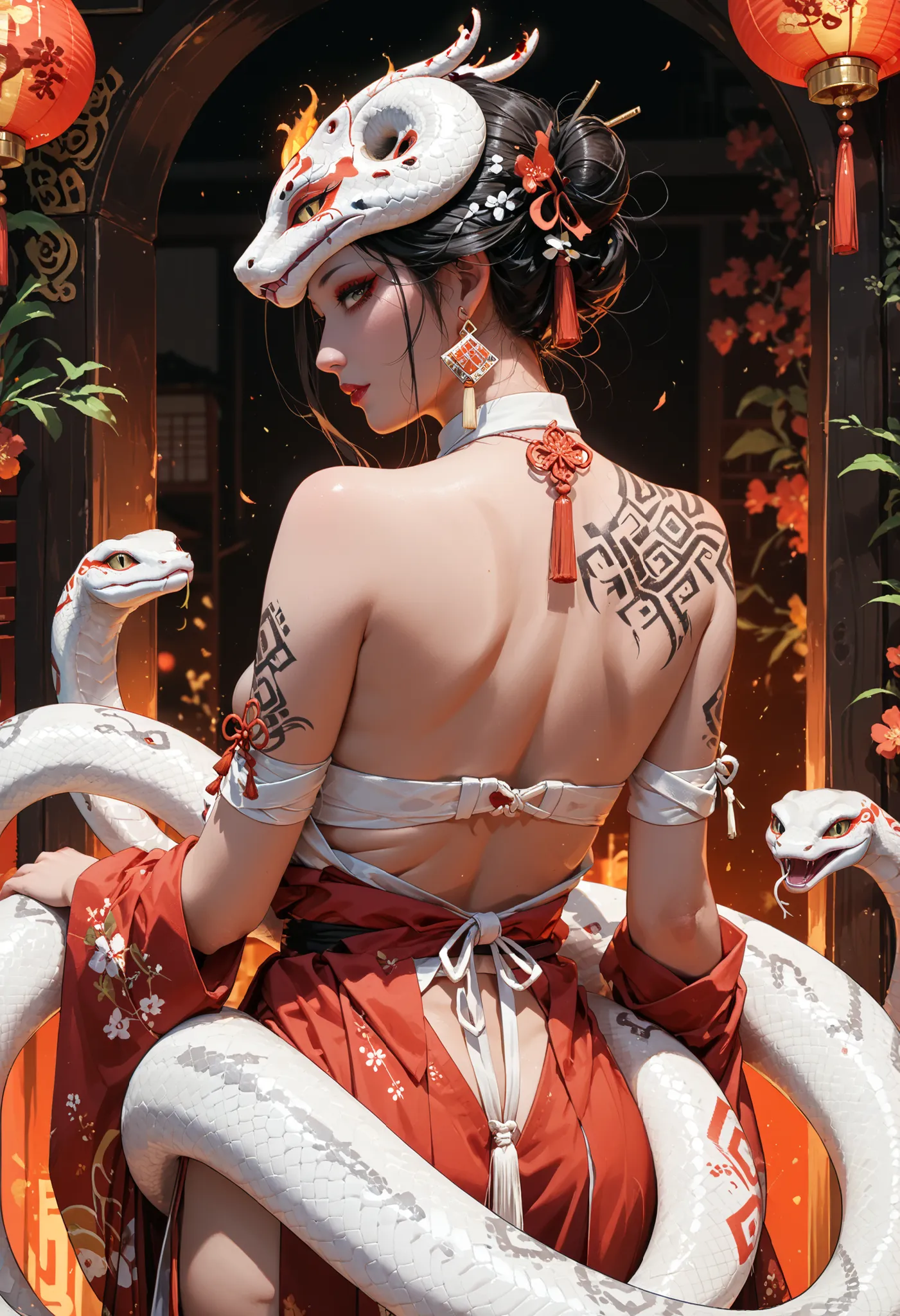 New Year、Miko-sama has a white snake glowing tattoo、back、 sexy
