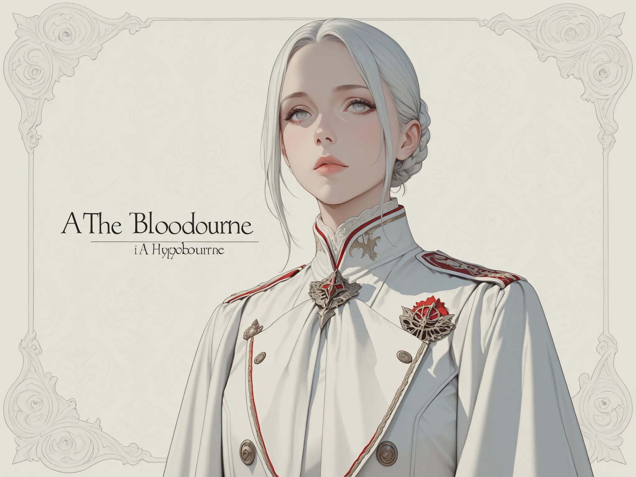 A beautiful white (((banner wallpaper))) in 4k definition, with a hyperrealist cute hot girl printed in the Bloodbourne aesthetic and style, text "beautiful commander"