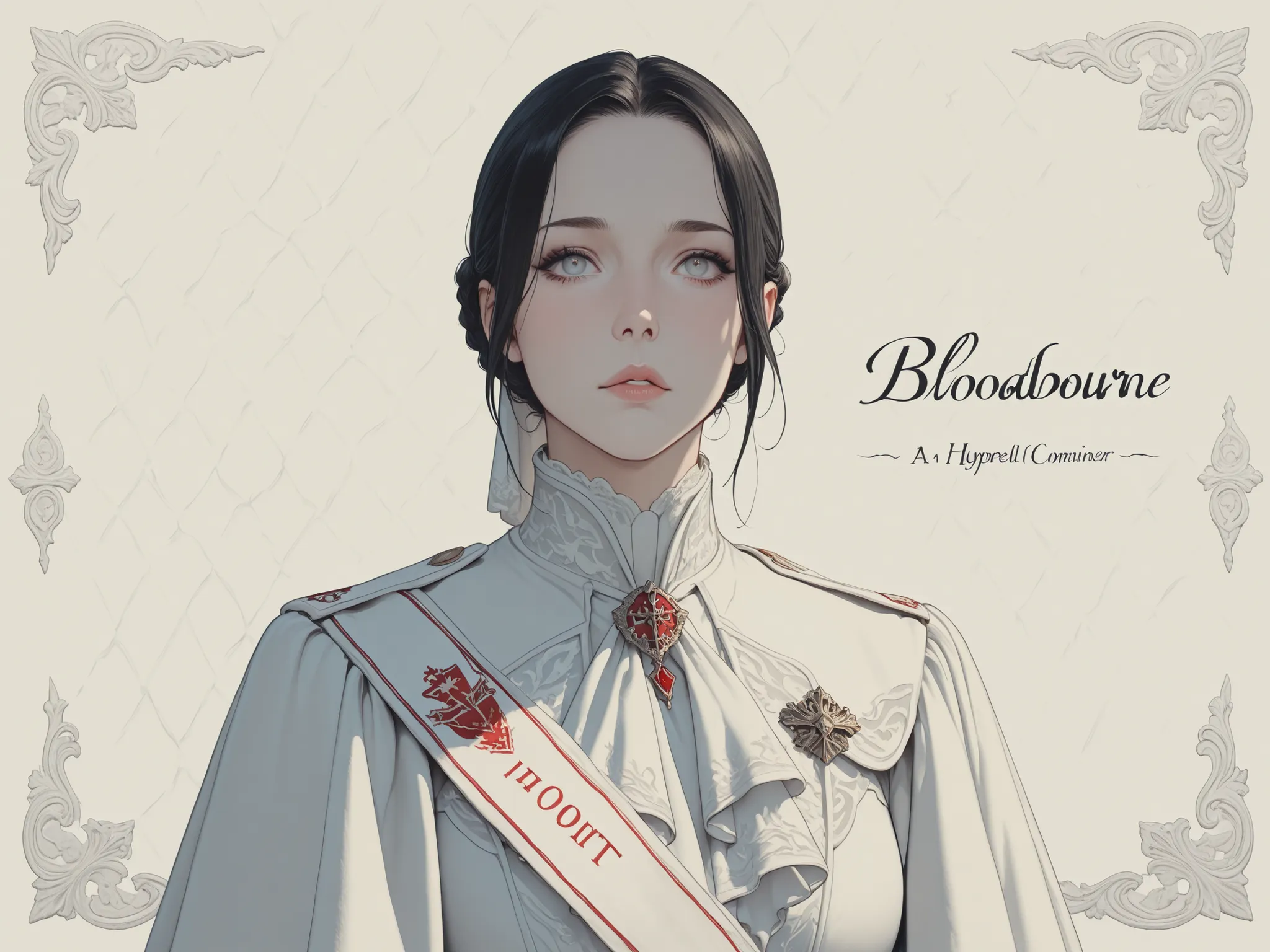 A beautiful white (((banner wallpaper))) in 4k definition, with a hyperrealist cute hot girl printed in the Bloodbourne aesthetic and style, text "beautiful commander"