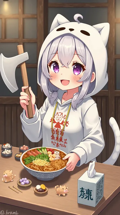 Japanese chibi anime, An anime character holding a cat hoodie with a big axe and a huge bowl of ramen, everyone,  anime food, Japanese anime style, Anime Moe Art Style, cute!! chibi!!! catgirl, Game Art!!, cute, ピクシブ, Cat, pixib contest winner, at the antique old traditional ramen stall, antique furnishings, deemed lighting, there are countless adorable cats in the ramen stall, many kind of side dishes are on the table, tissue paper box, cats are playing 