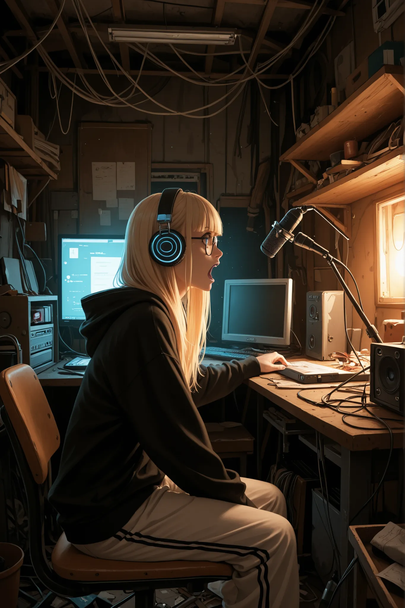 masterpiece,best quality,amazing quality,absurdres, (masterpiece), best quality, interior, dark, night, warm colors and lighting, small room, workshop, messy, ((clutter)), cluttered, claustrophobic, cozy, full of junk, desk, microphone, shelf, tech, multip...