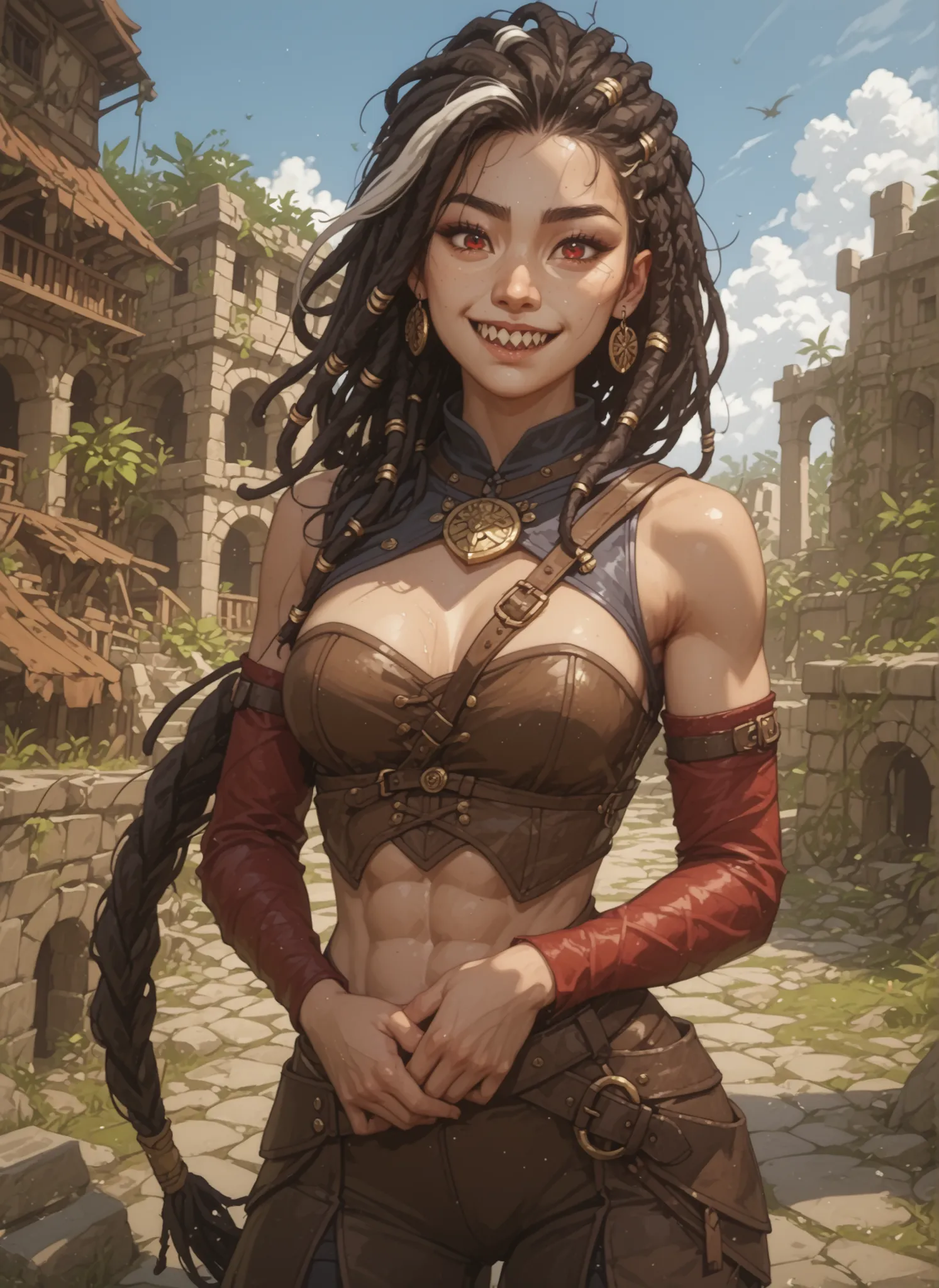 Slender body. White skin. Cute 18-year-old Asian girl with Asian red eyes and sharp teeth and dreadlocks with white highlights. She has a cute and beautiful face. She has a round and young face with a pointy chin. Her body is athletic with abs. She wears m...