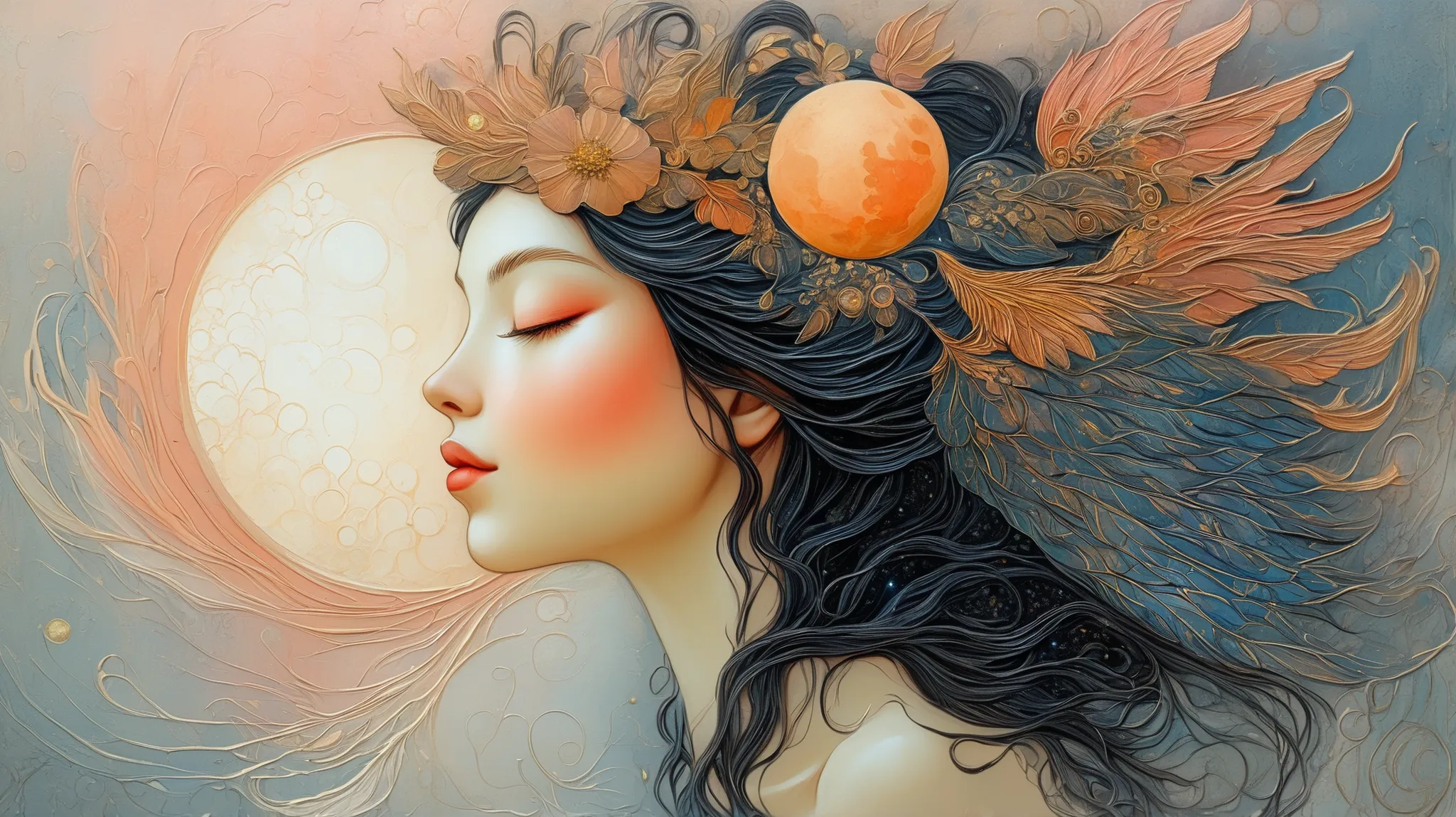 a painting of a woman with wings and a moon in the background, Botticelli and Victo Ngai, ethereal wings, beautiful and intricate painting, por Kelly Mckernan, beautiful intricate painting, intricate and detailed painting, Ethereal Angelic Being of Light ...