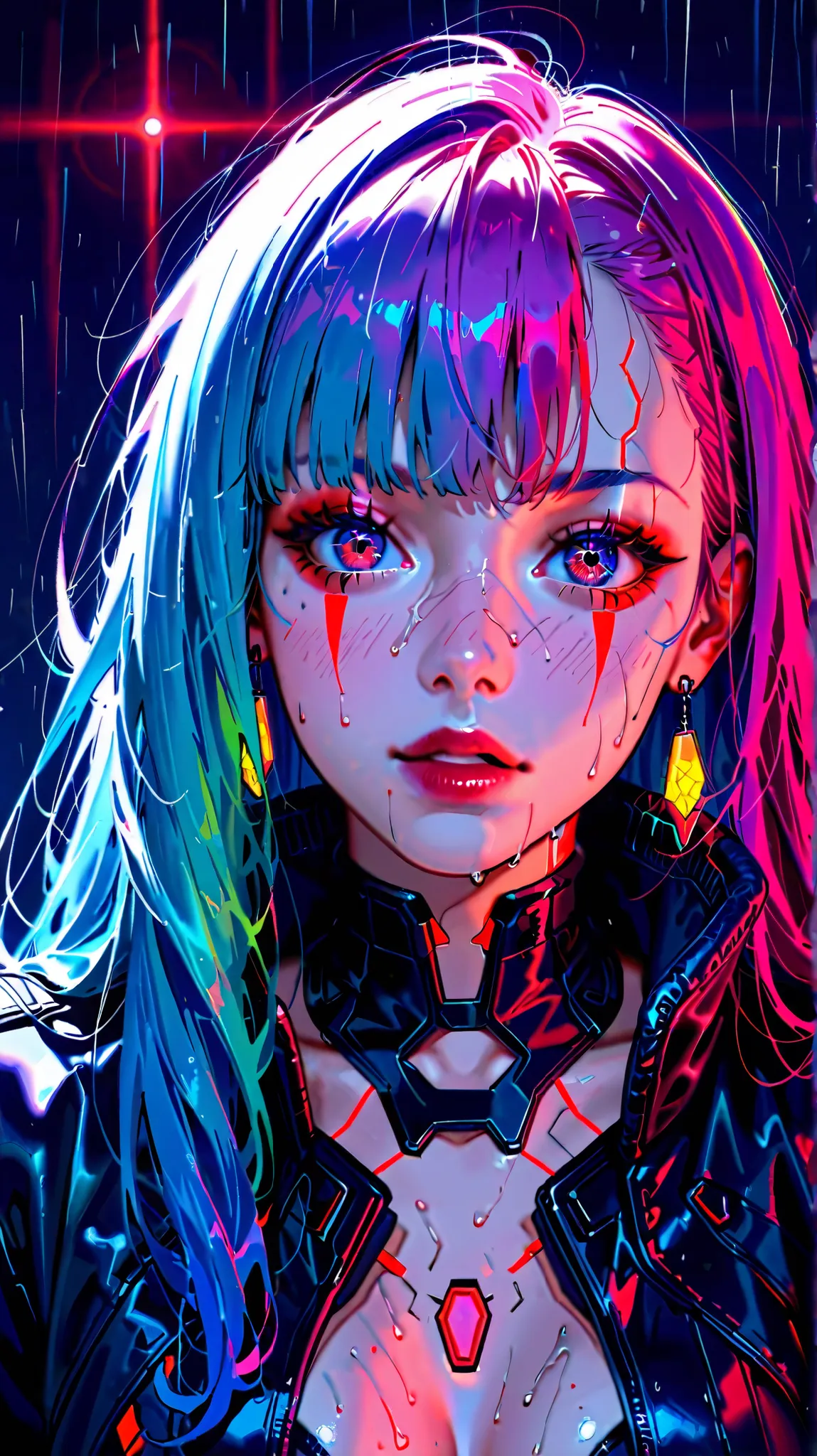  red eyeshadow 、 1 girl, 21 years old、bungs, blue hair,   color chip  , (Close up on the face),, ((sexy angle))、 Long Hair, Wave Hair、(disheveled hair)、multi-colored hair, parted bungs, Open Lips, pink hair, portrait, red eyeliner, red lips, (Black cyberpu...