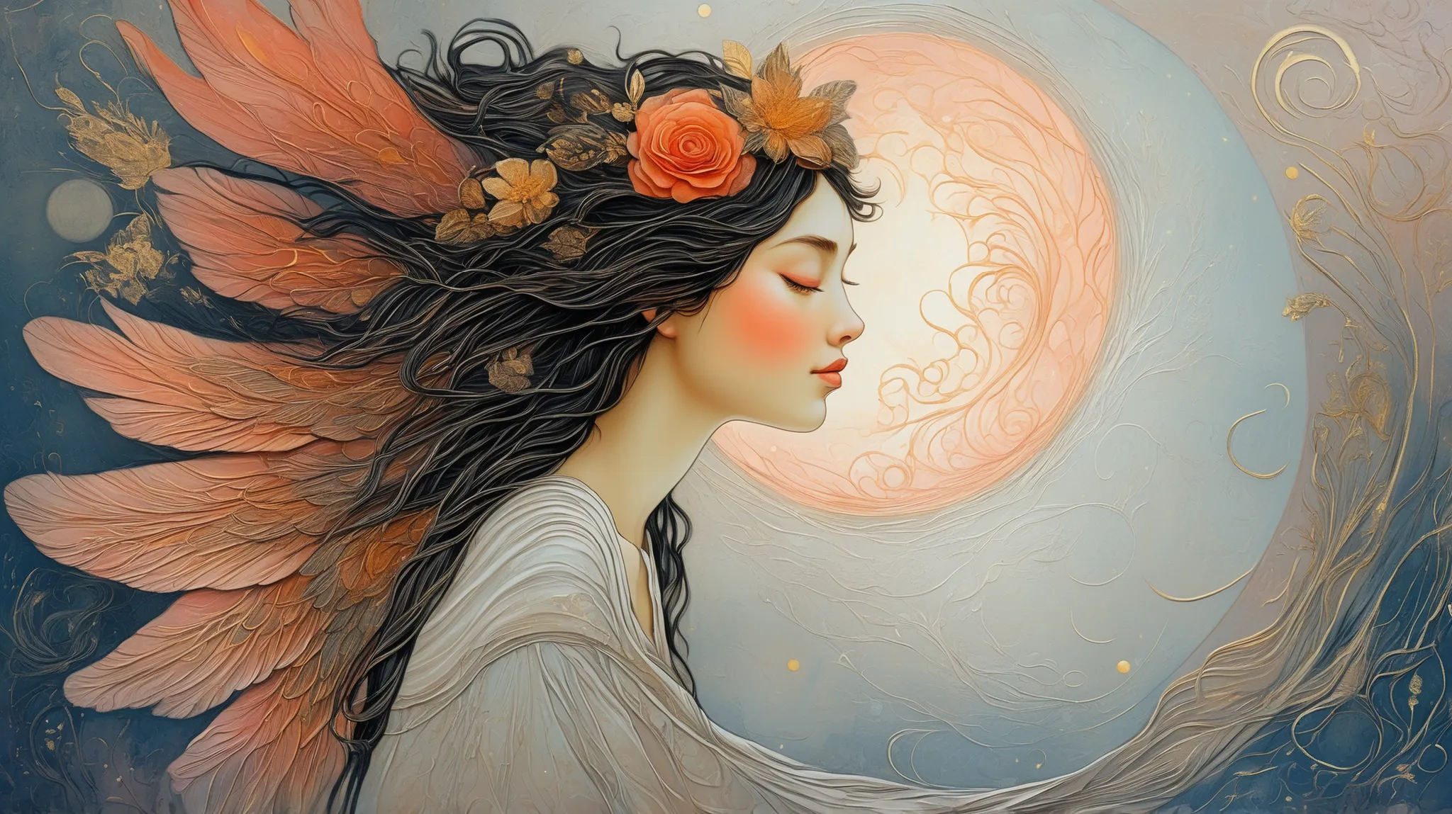 a painting of a woman with wings and a moon in the background, Botticelli and Victo Ngai, ethereal wings, beautiful and intricate painting, por Kelly Mckernan, beautiful intricate painting, intricate and detailed painting, Ethereal Angelic Being of Light ...