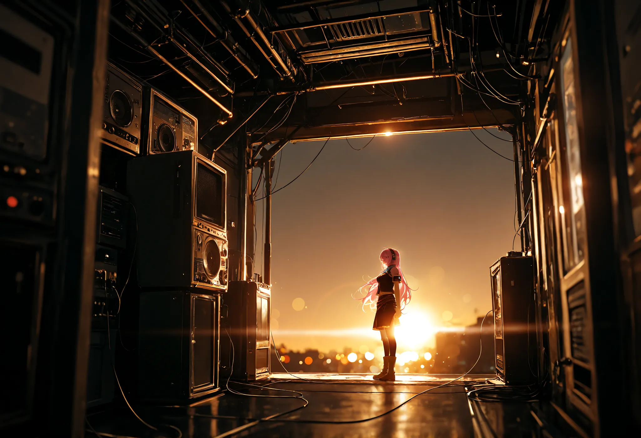 1girl, megurine luka, vocaloid, podcast, now on air, at midnight, radio studio, wide shot, girl focus, backlighting, depth of field, bokeh, backlight, extremely detailed, general, masterpiece, best quality, amazing quality, very aesthetic, absurdres, newes...