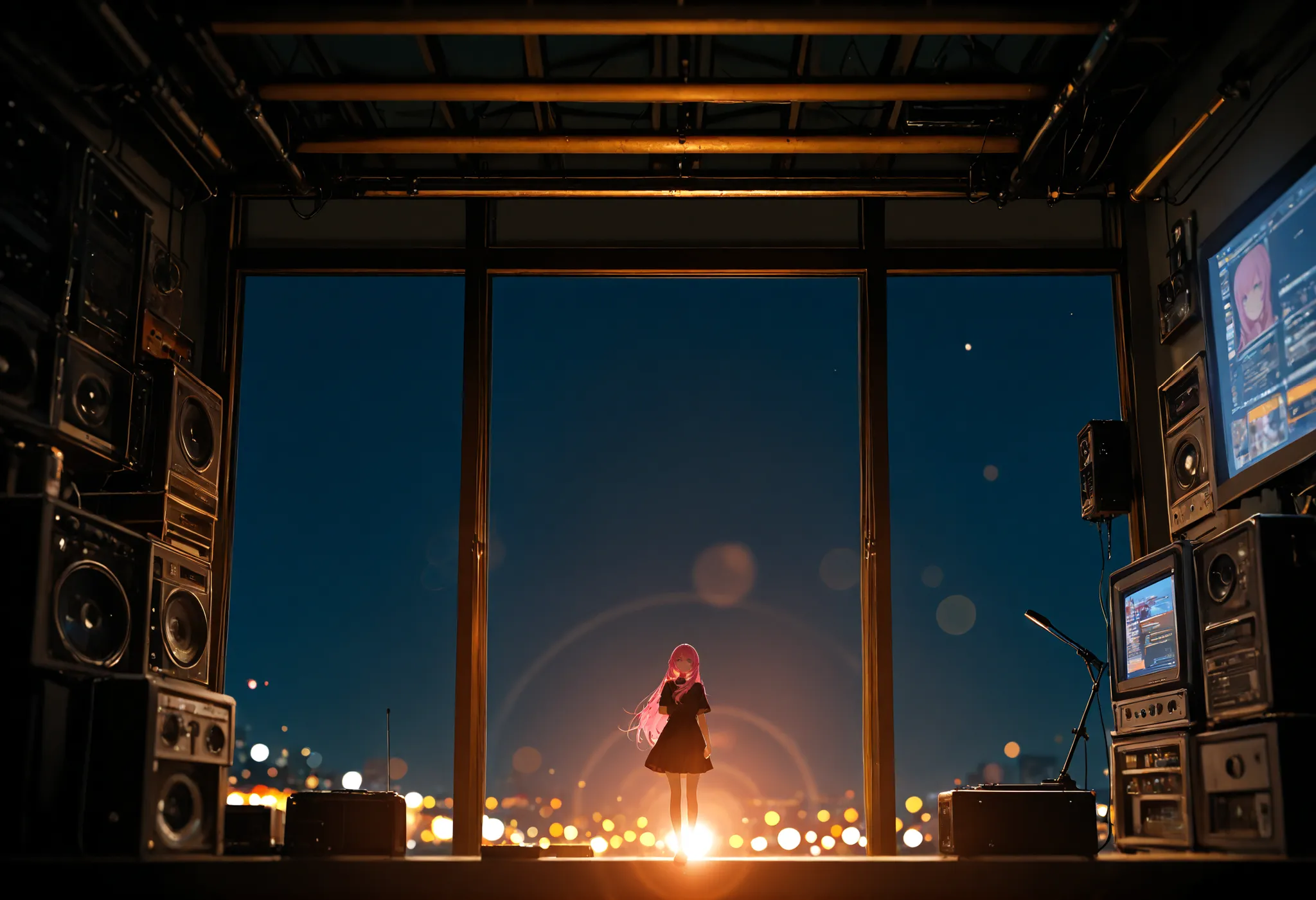 1girl, megurine luka, vocaloid, podcast, now on air, at midnight, radio studio, wide shot, girl focus, backlighting, depth of field, bokeh, backlight, extremely detailed, general, masterpiece, best quality, amazing quality, very aesthetic, absurdres, newes...