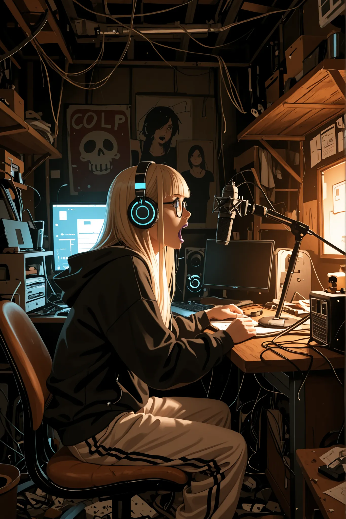 masterpiece,best quality,amazing quality,absurdres, (masterpiece), best quality, interior, dark, night, warm colors and lighting, small room, workshop, messy, ((clutter)), cluttered, claustrophobic, cozy, full of junk, desk, microphone, shelf, tech, multip...