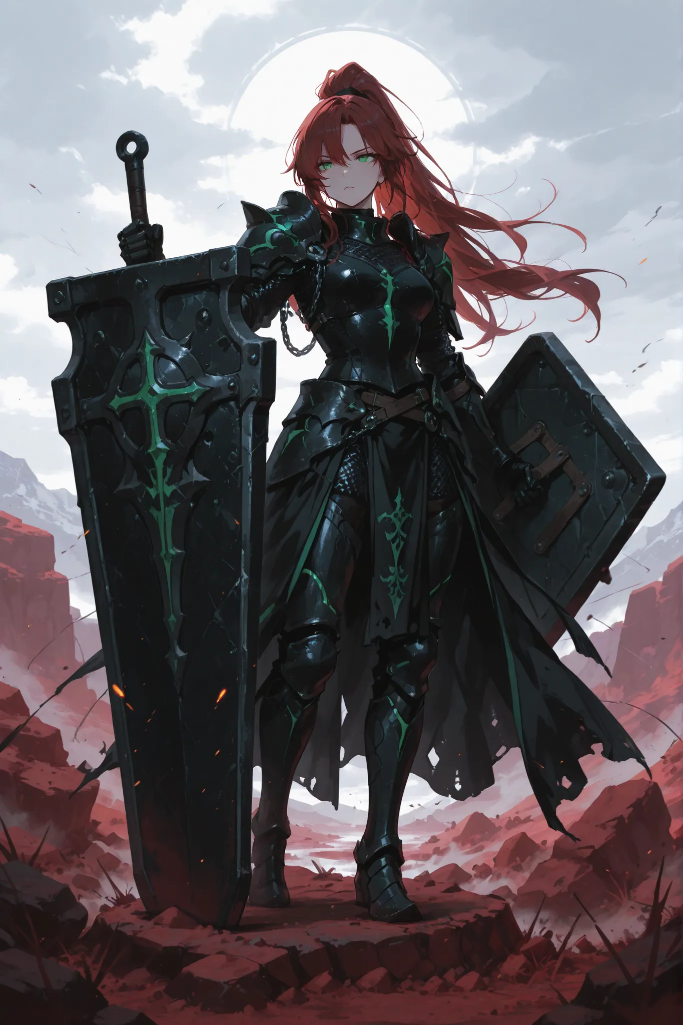 Cinematic lighting, masterpiece. Tall athletic anime girl with long dark red hair in a high ponytail, emerald green eyes, haughty and defiant expression. Standing on sloped rocky terrain, foreground focus. Wearing black partial armor: ornate shoulder plate...