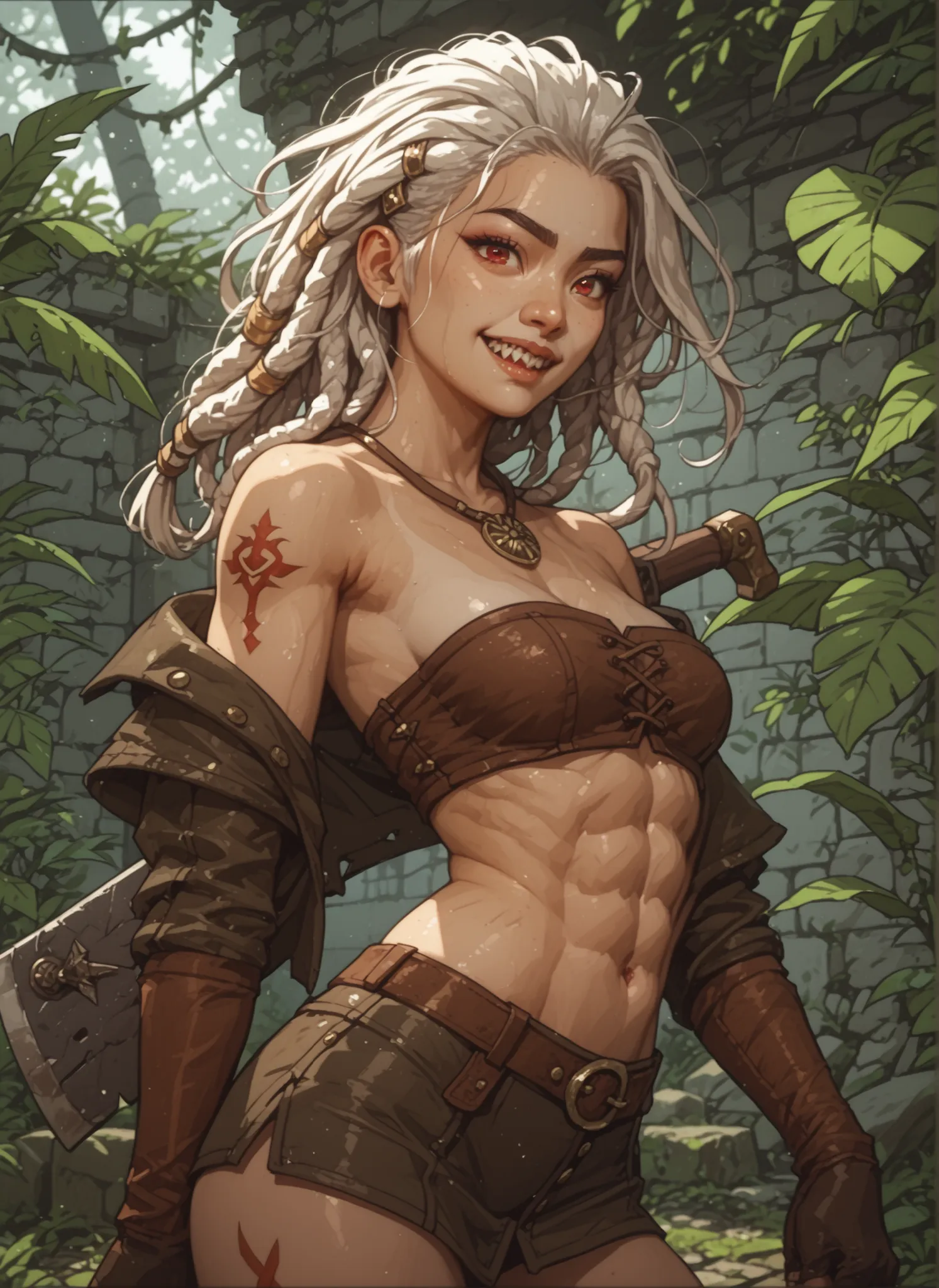 Slender body. White skin. Cute 18-year-old Asian girl with Asian red eyes and sharp teeth and dreadlocks with white highlights. She has a cute and beautiful face. She has a round and young face with a pointy chin. Her body is athletic with abs. She wears m...