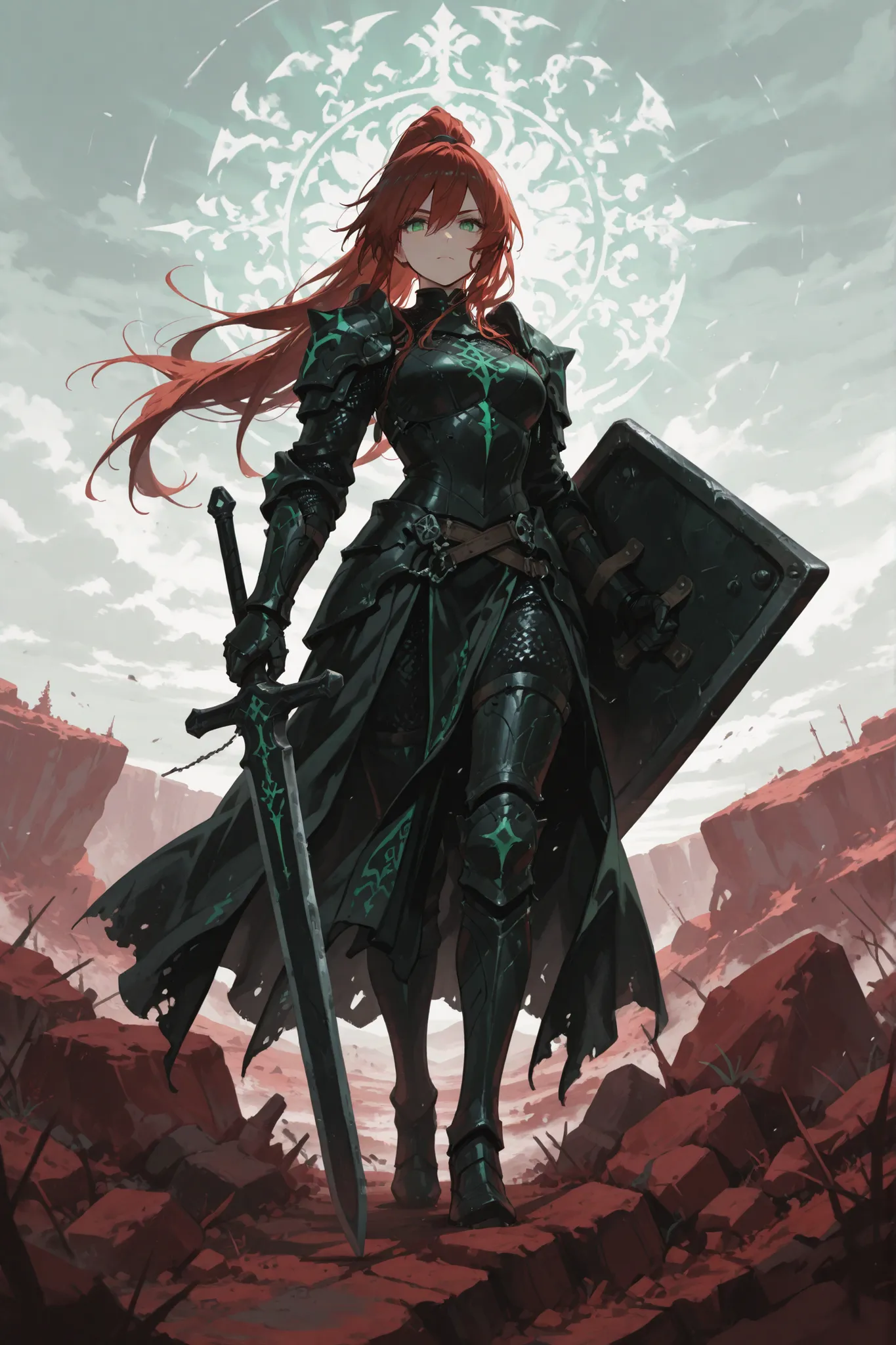 Cinematic lighting, masterpiece. Tall athletic anime girl with long dark red hair in a high ponytail, emerald green eyes, haughty and defiant expression. Standing on sloped rocky terrain, foreground focus. Wearing black partial armor: ornate shoulder plate...