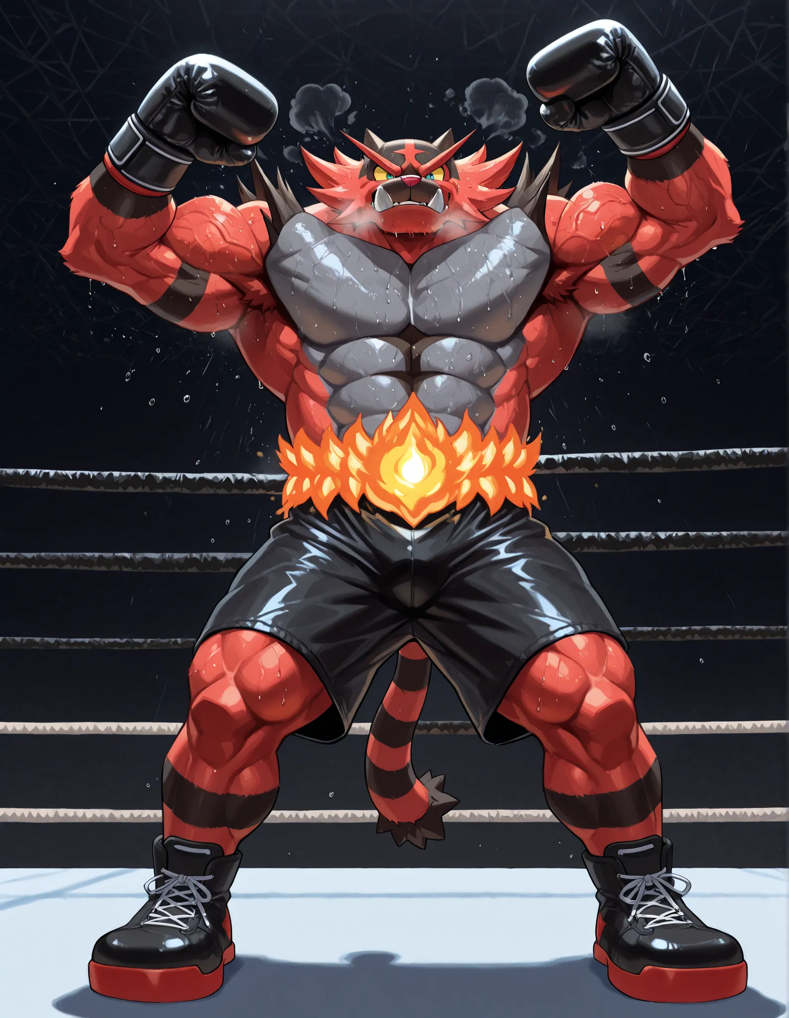 Incineroar, anthro male, high quality, full body, looking down at viewer, looking up from directly below, solo, boxing ring background, black boxing gloves, thick very veiny arms, very muscular, black boxing shorts, black boxing shoes, heavyweight boxing c...