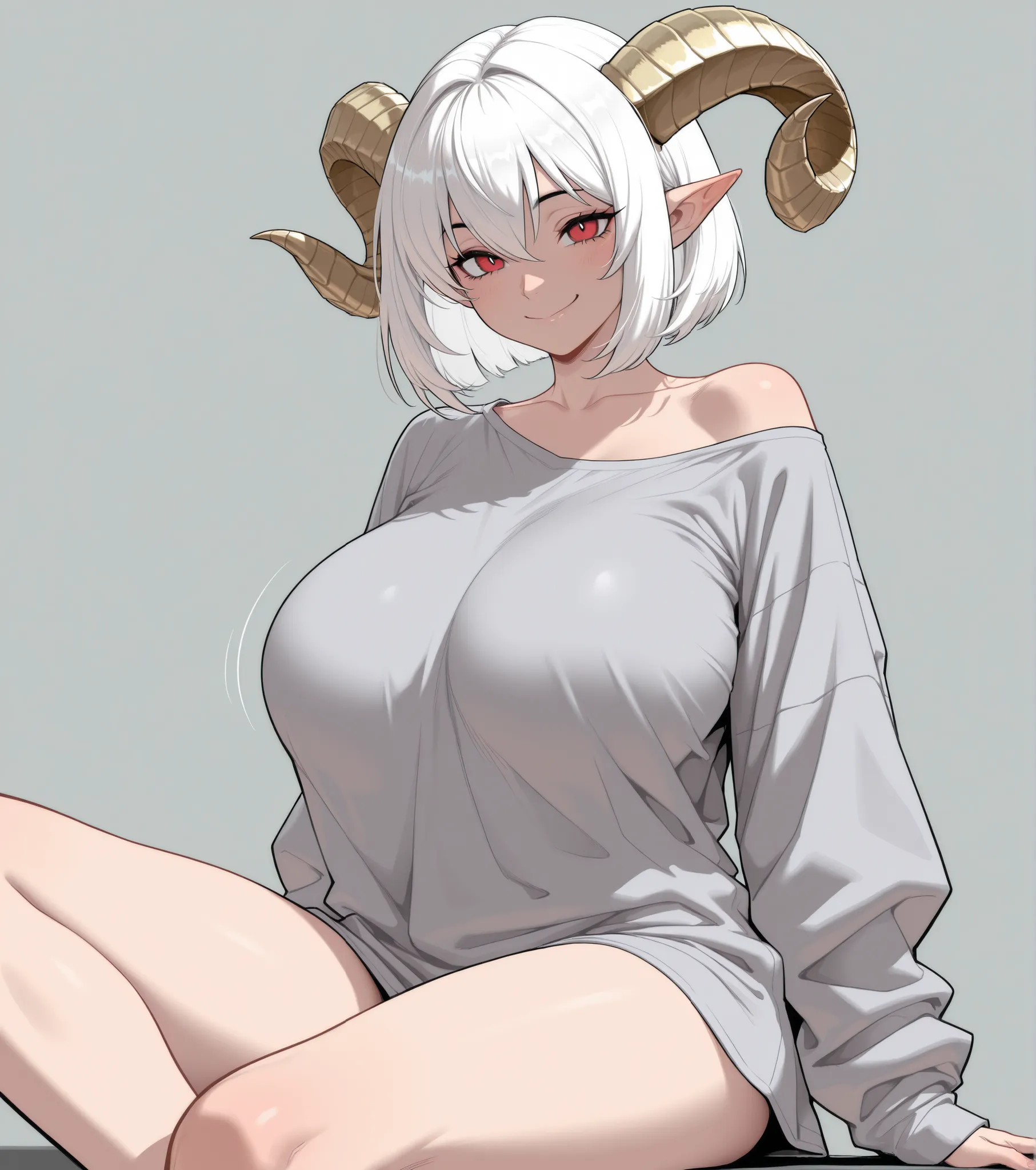 Masterpiece, best quality, incredible quality, very aesthetic, The newest, very detailed,high resolution,1girl,White hair bob, Red Eyes, Chica demonio , beautiful, giant breasts G, loose gray low cut shirt, sexy smile, pointy ears, curled golden horns , c...