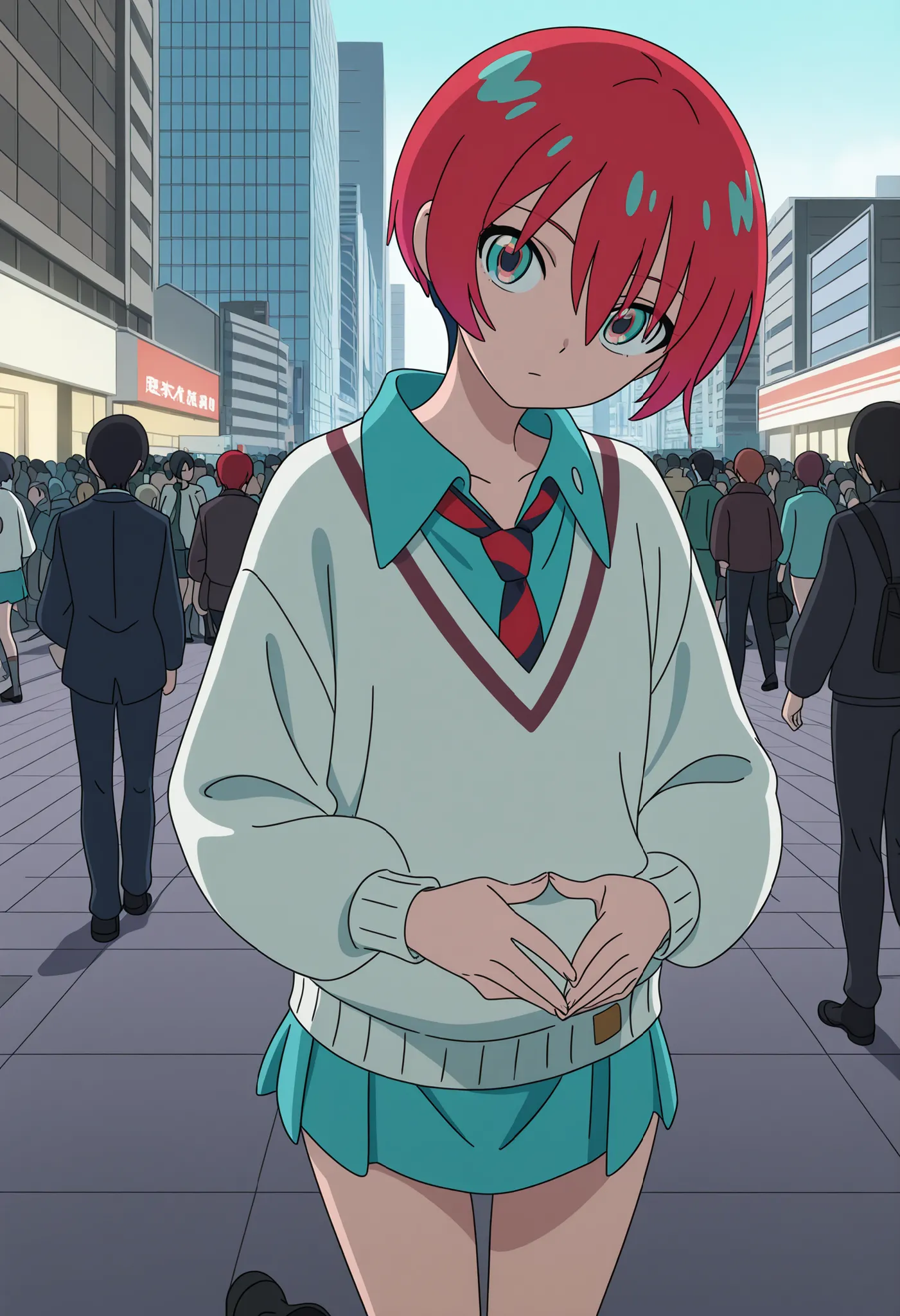1girl, GQuX-amate_Concession, Red hair, multicoloRed hair, short hair, aqua eyes, multicolor eyes,  aqua shirt, striped tie, white sweater, aqua skirt, grey socks, Black Boots, 
Standing, Arch Back, and fold their hands on their backs, staring at the viewe...