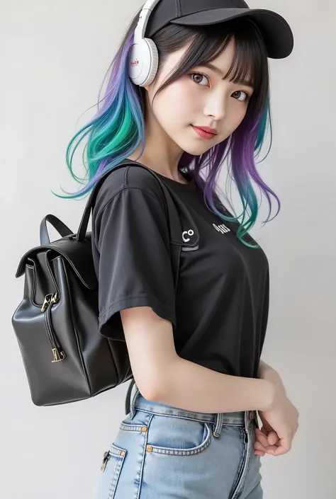 realistic,((Realistic depiction)),image like the picture,((Side View2.0)),((looking away2.0)),((1.5)),((Full Body 2.0)),((large white headphones)),27 age ,Seaside,((blue and green colorful long hair 2.0)),Smiling,natural makeup,Tees:Half sleeve 、small、blac...