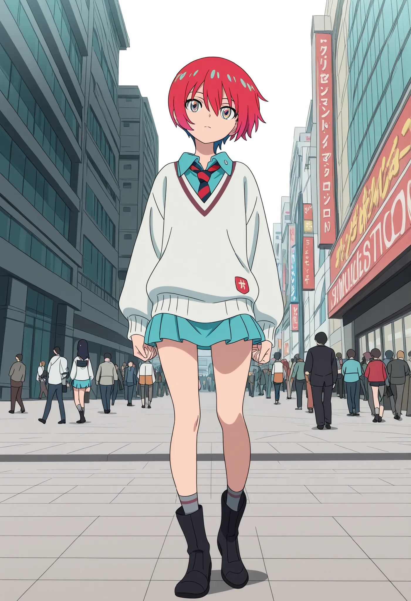 1girl, GQuX-amate_Concession, Red hair, multicoloRed hair, short hair, aqua eyes, multicolor eyes,  aqua shirt, striped tie, white sweater, aqua skirt, grey socks, Black Boots, 
Standing, Arch Back, and fold their hands on their backs, staring at the viewe...