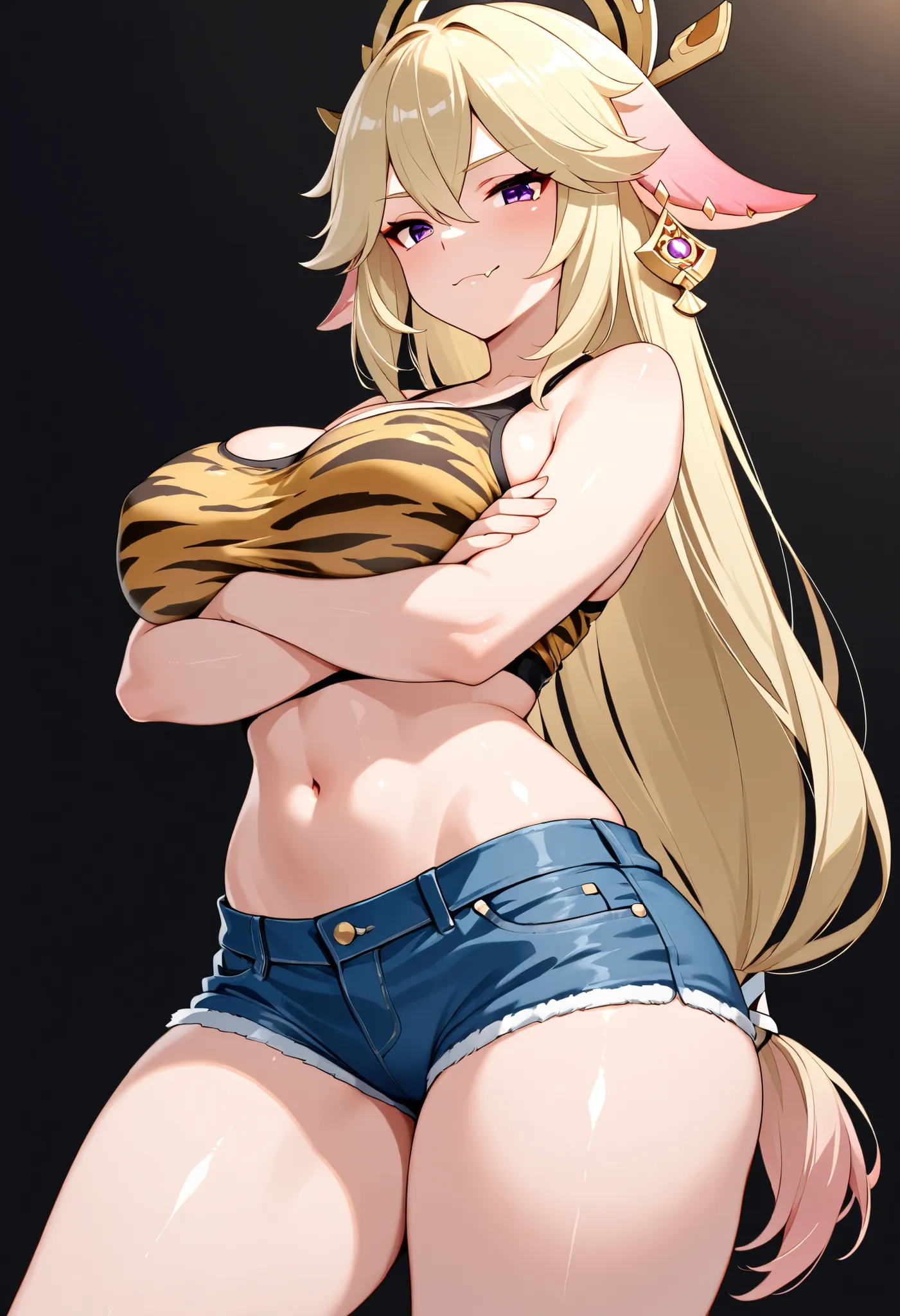 1girl, fit_female, curvy, thick_thighs, wide_hips, large_breasts, (light_blonde_hair):1.2, long_hair, flipped_hair, hair_between_eyes, red_eyes, (Yae Miko from genshin impact), BREAK skin_tight, tank_top, tiger_print, midriff, denim_shorts, short_shorts BR...