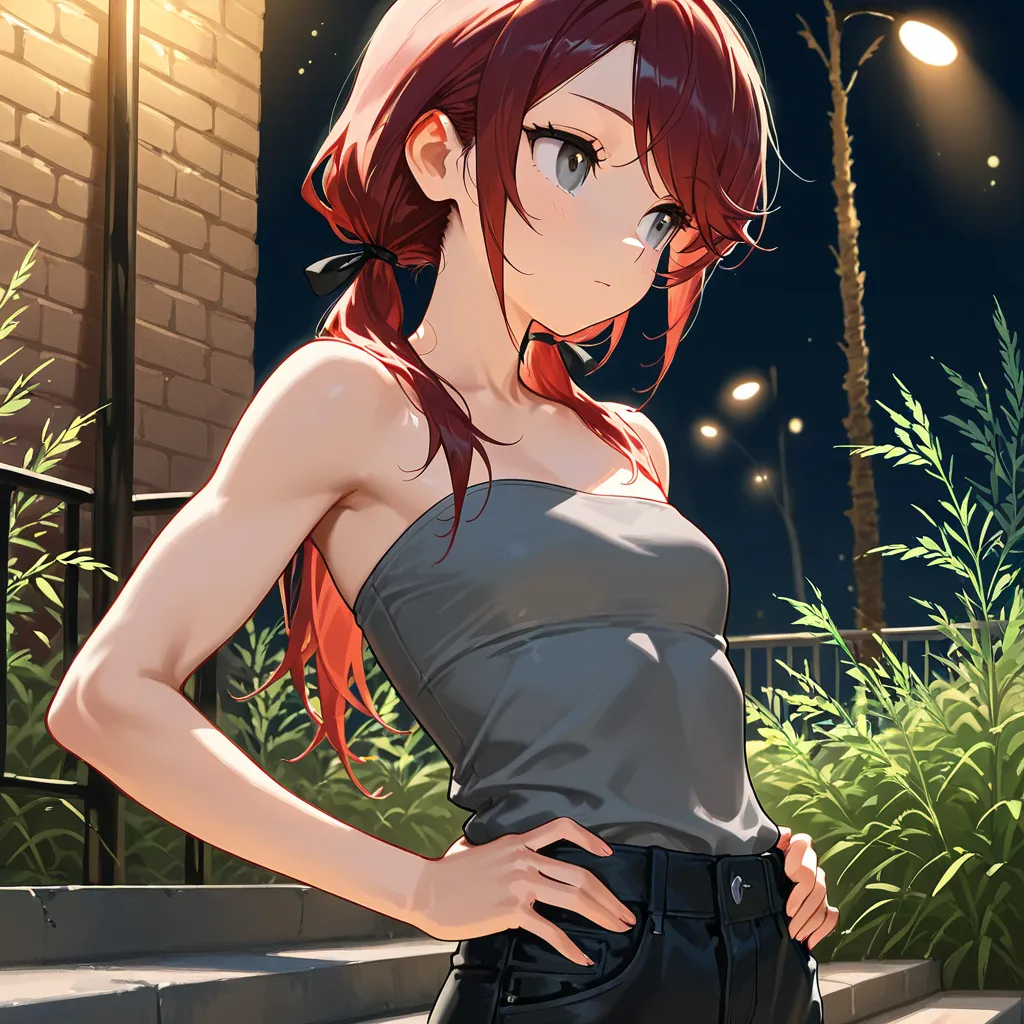 (masterpiece:1.2, Best Quality), (finely detailed beautiful eye: 1.2), (beautiful detailed face),1girl, solo, Gray eyes, dark red hair, swept bangs, long hair, low twin tails, small breasts, toned arms from behind,looking away, close-up, bare shoulders, strapless sleeveless shirt, gray shirt, black jeans, hair ribbons, night, lights, railing, concrete steps, brick wall, hands on hips, stoic, upper body, tall weeds, willow tree branches, 
