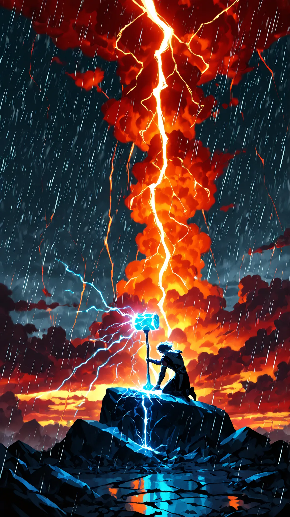 Anime-style male character Thor kneeling in a storm, rain pouring, surrounded by cracked ground and lightning in the sky, reaching slowly toward a glowing ancient hammer embedded in stone, black and white sketch style with blue electric energy coming from ...