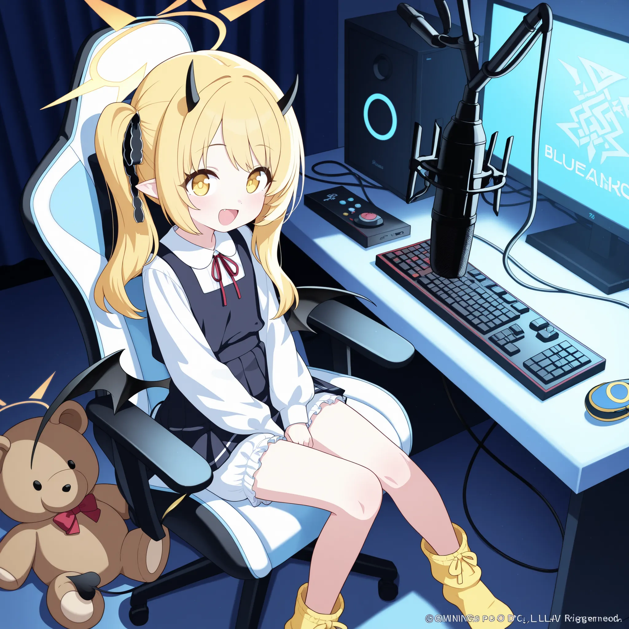 ,, petite body、 Blue archive style、ibuki-default,ibuki \(blue archive\),yellow eyes,blonde hair,side ponytail,halo,hair ribbon,pointy ears,halo,horns,tail,low wings,pinafore dress,white shirt,white bloomers,​Podcast, sitting in a chair facing a microphone,...