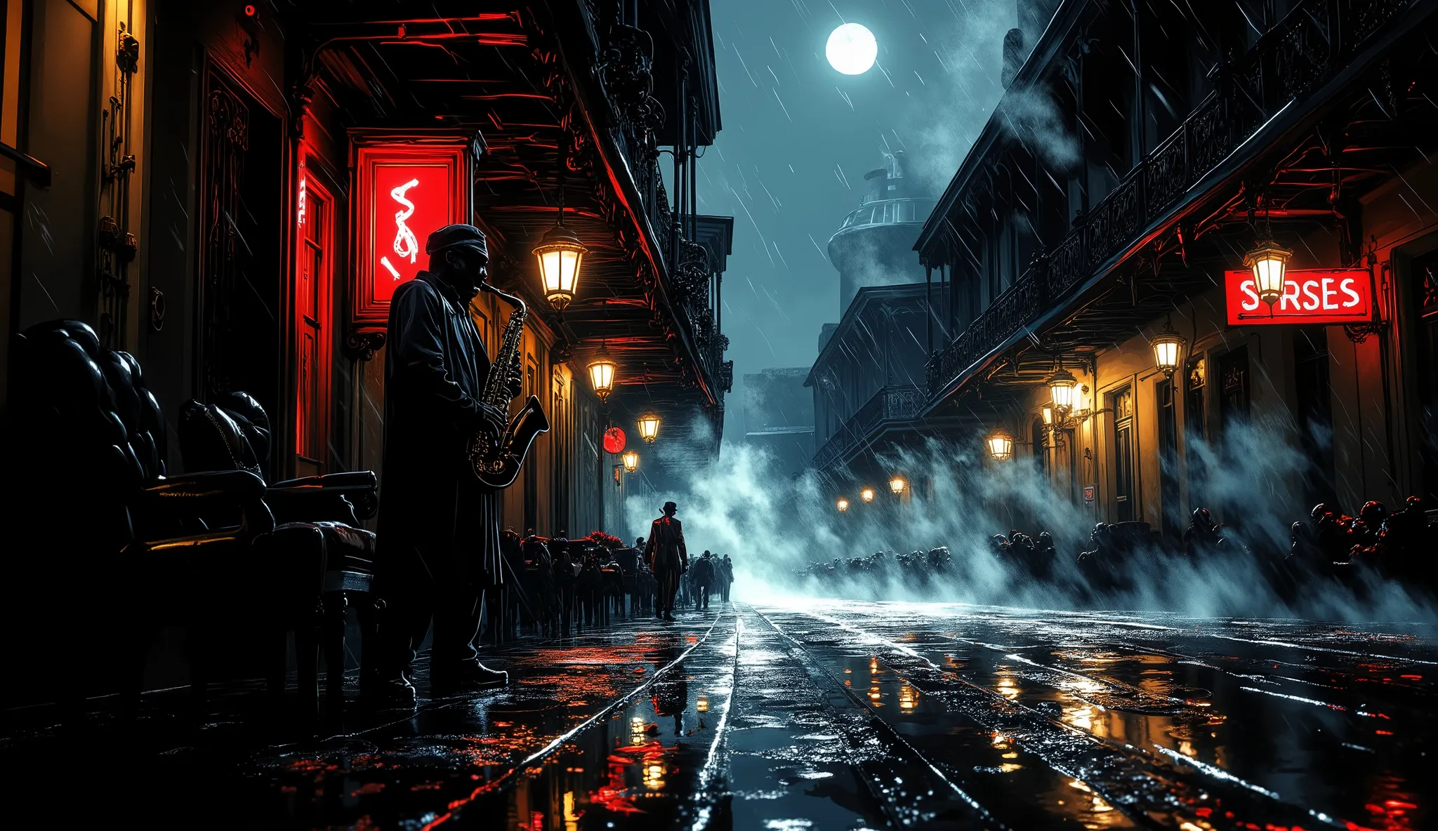 Lone jazz saxophonist, rain-drenched street corner in New Orleans French Quarter, playing saxophone soulfully, night scene 1940s, steam rising from manholes, wet cobblestone streets reflecting neon signs, historic ornate buildings, dramatic low-key lightin...