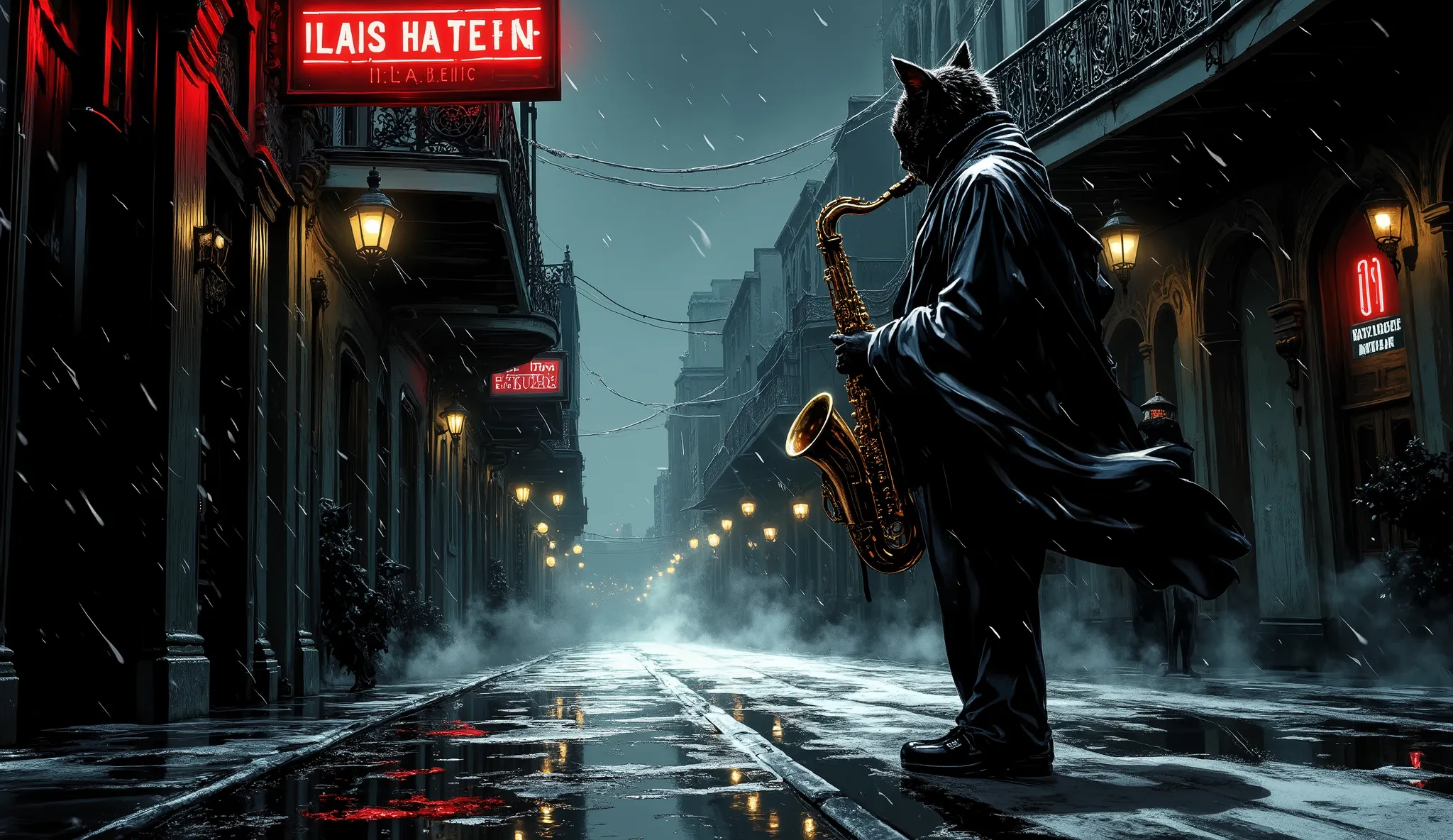 Lone cat jazz saxophonist, rain-drenched street corner in New Orleans French Quarter, playing saxophone soulfully, night scene 1940s, steam rising from manholes, wet cobblestone streets reflecting neon signs, historic ornate buildings, dramatic low-key lig...