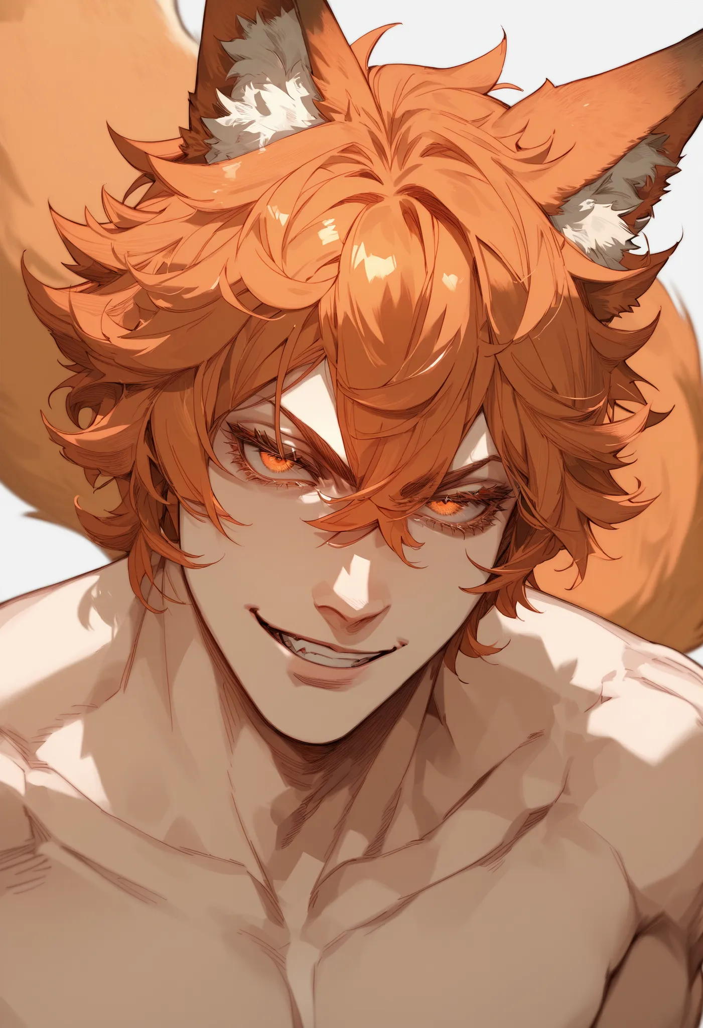 1man, Solo, Short Hair, Bangs, Hair Between Eyes, messy hair, orange hair, orange eyes, long eyelashes, keen eyes, smirk, fox ears, fox tail, simple background, slutty clotches, athletic body,