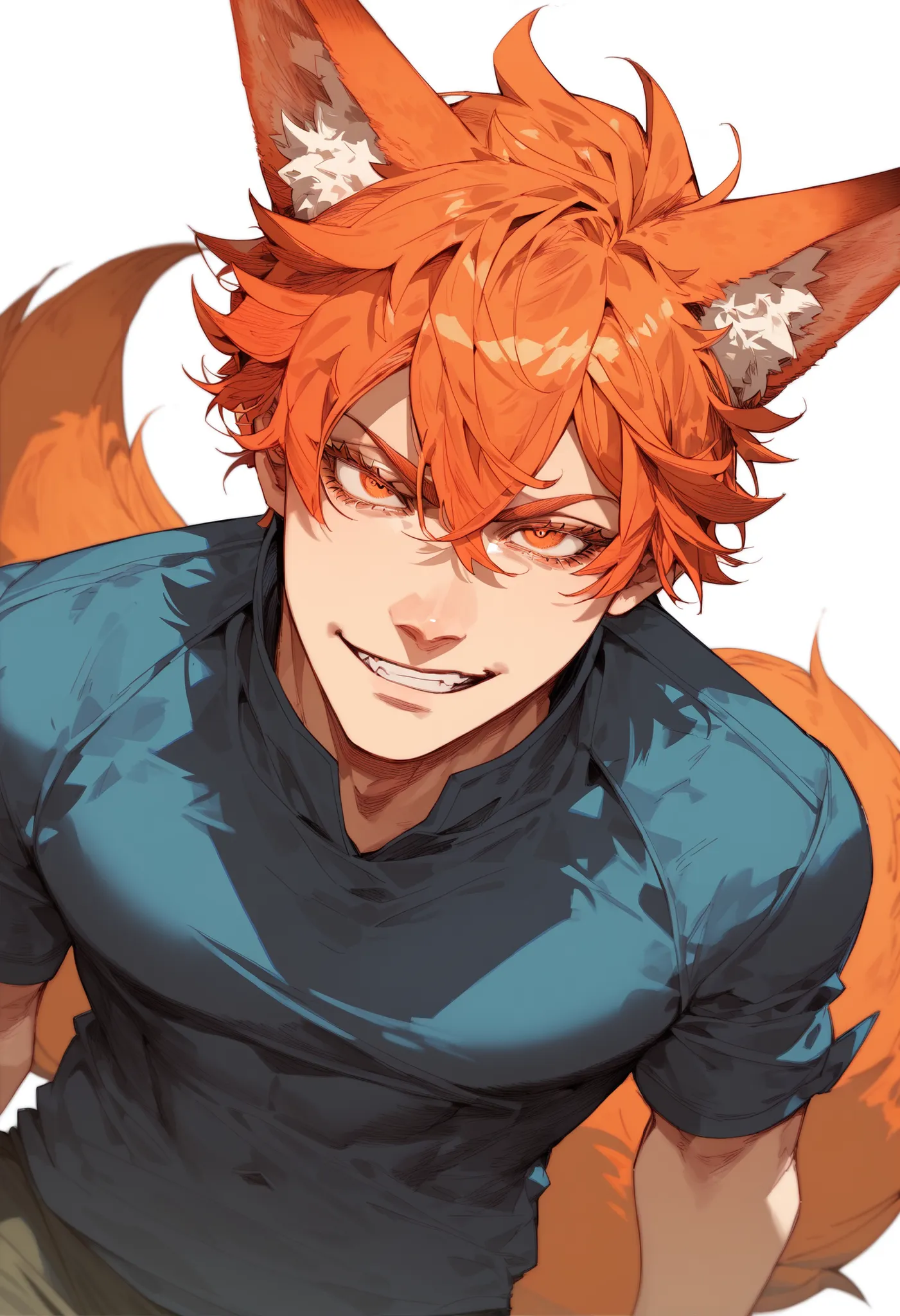 1man, Solo, cowboy shot angle, Short Hair, Bangs, Hair Between Eyes, messy hair, orange hair, orange eyes, long eyelashes, keen eyes, smirk, fox ears, fox tail, simple background, slutty clotches, athletic body, ,