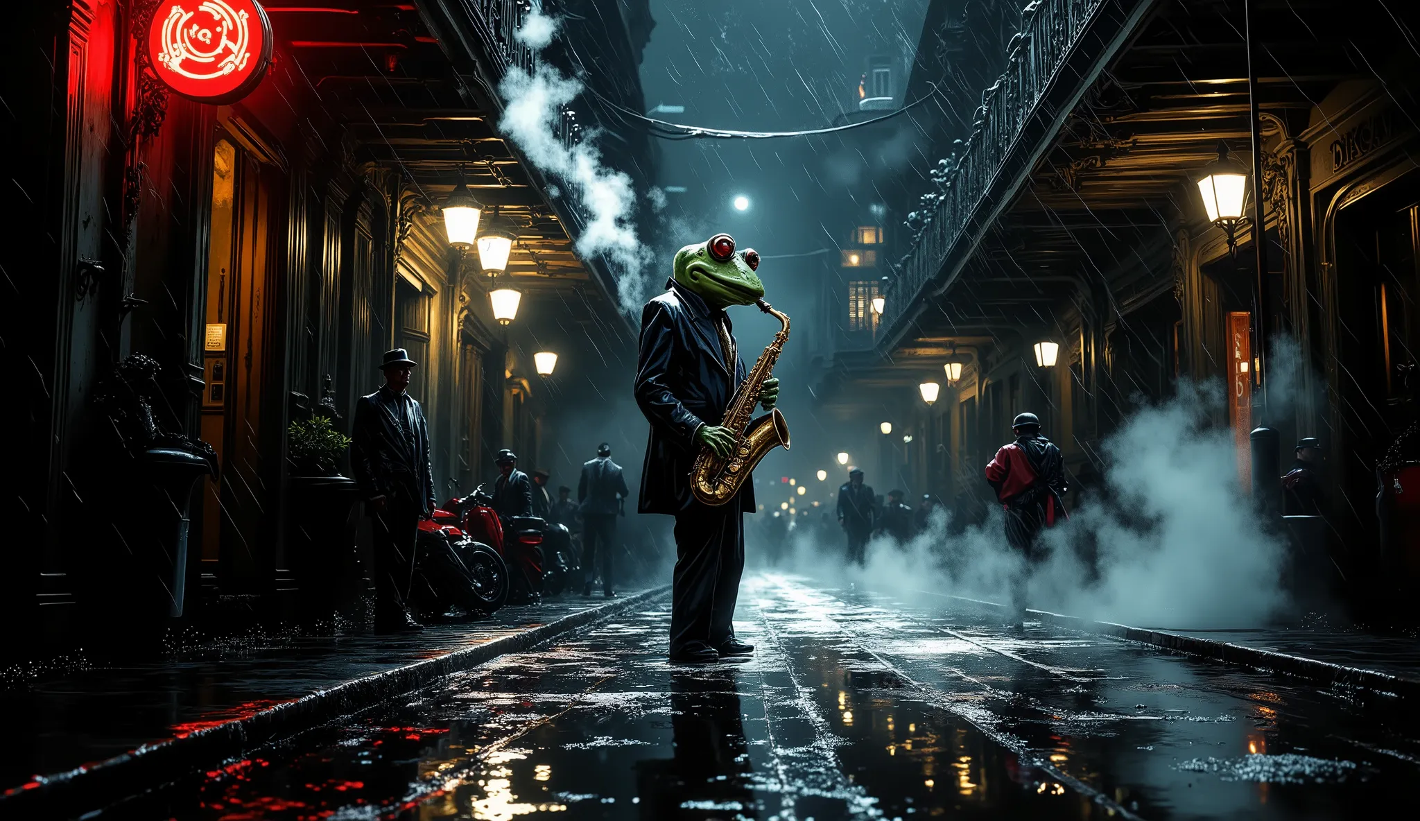 Lone frog jazz saxophonist, rain-drenched street corner in New Orleans French Quarter, playing saxophone soulfully, night scene 1940s, steam rising from manholes, wet cobblestone streets reflecting neon signs, historic ornate buildings, dramatic low-key li...