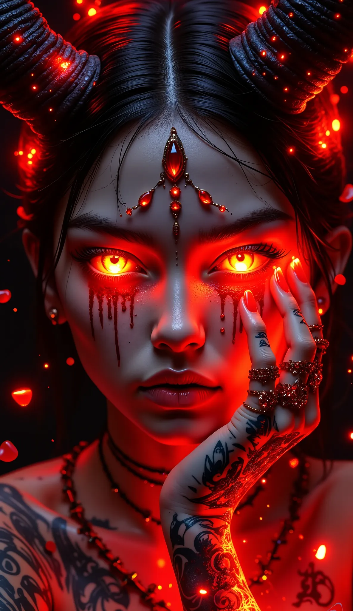 Hyper-realistic, high detail, photorealistic, cinematic.
Close-up frontal shot of a woman who has fully embraced her shadow self. Her eyes blaze with deep red fire, streaming tears of glowing blood. Dark horns curve from her forehead, crowned by a radiant ...