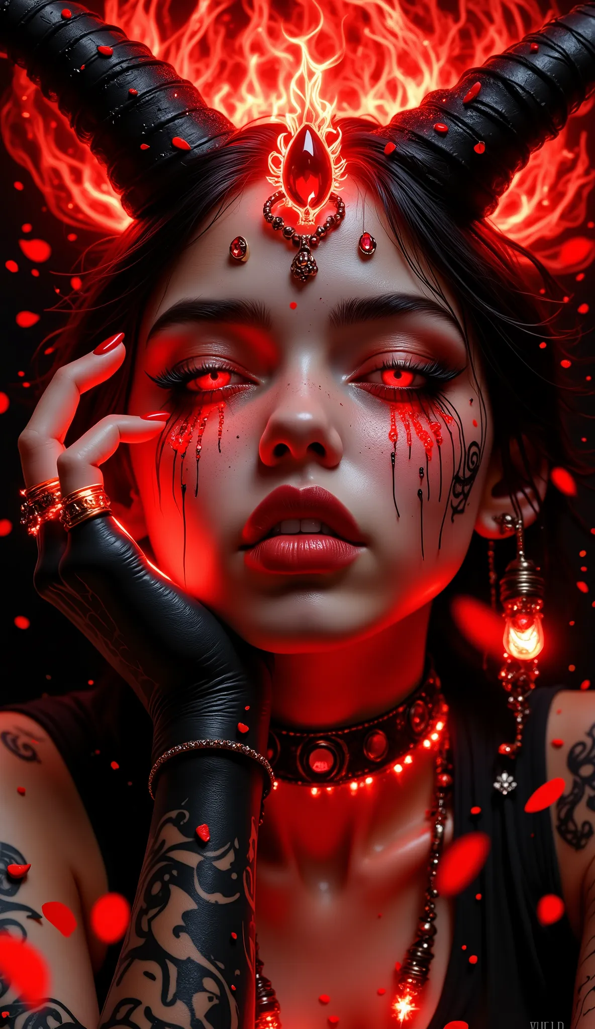 Hyper-realistic, high detail, photorealistic, cinematic.
Close-up frontal shot of a woman who has fully embraced her shadow self. Her eyes blaze with deep red fire, streaming tears of glowing blood. Dark horns curve from her forehead, crowned by a radiant ...