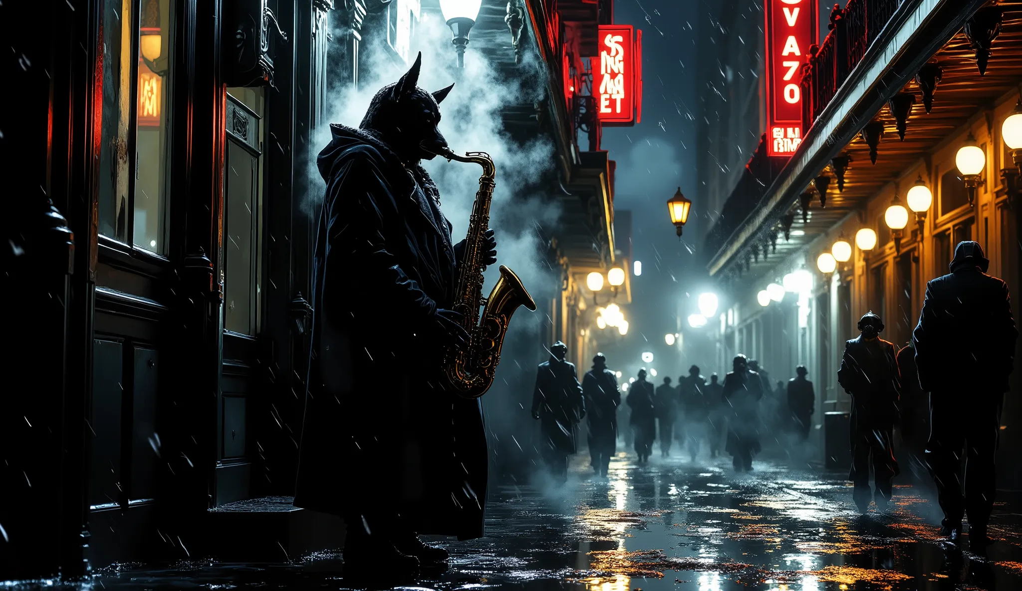 Lone dog jazz saxophonist, rain-drenched street corner in New Orleans French Quarter, playing saxophone soulfully, night scene 1940s, steam rising from manholes, wet cobblestone streets reflecting neon signs, historic ornate buildings, dramatic low-key lig...