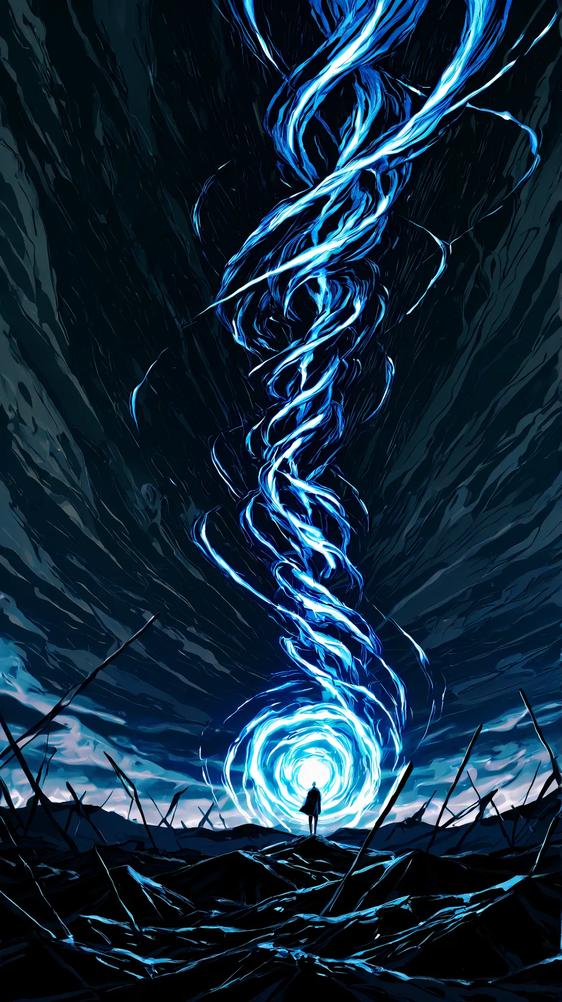 Anime-style character standing alone in a vast empty landscape, one hand raised toward the sky, swirling energy forming around them, black and white sketch style with a bright blue and white energy spiral, ground cracking beneath their feet as power builds...