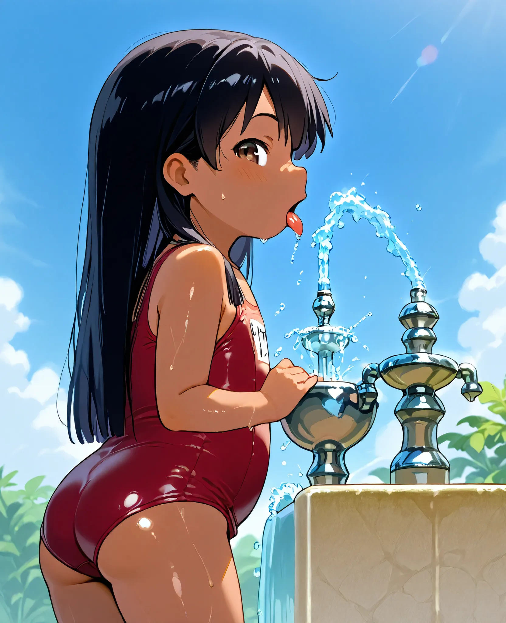 D_jirooo,1girl, lilo pelekai,  brown hawaiian skin, 
long black hair, fat ass, red school swimsuit, ,flat_chest,drinking_fountain,adjusted_hair,from_side,profile,glancing_at_viewer,tongue_out,leaning_foward