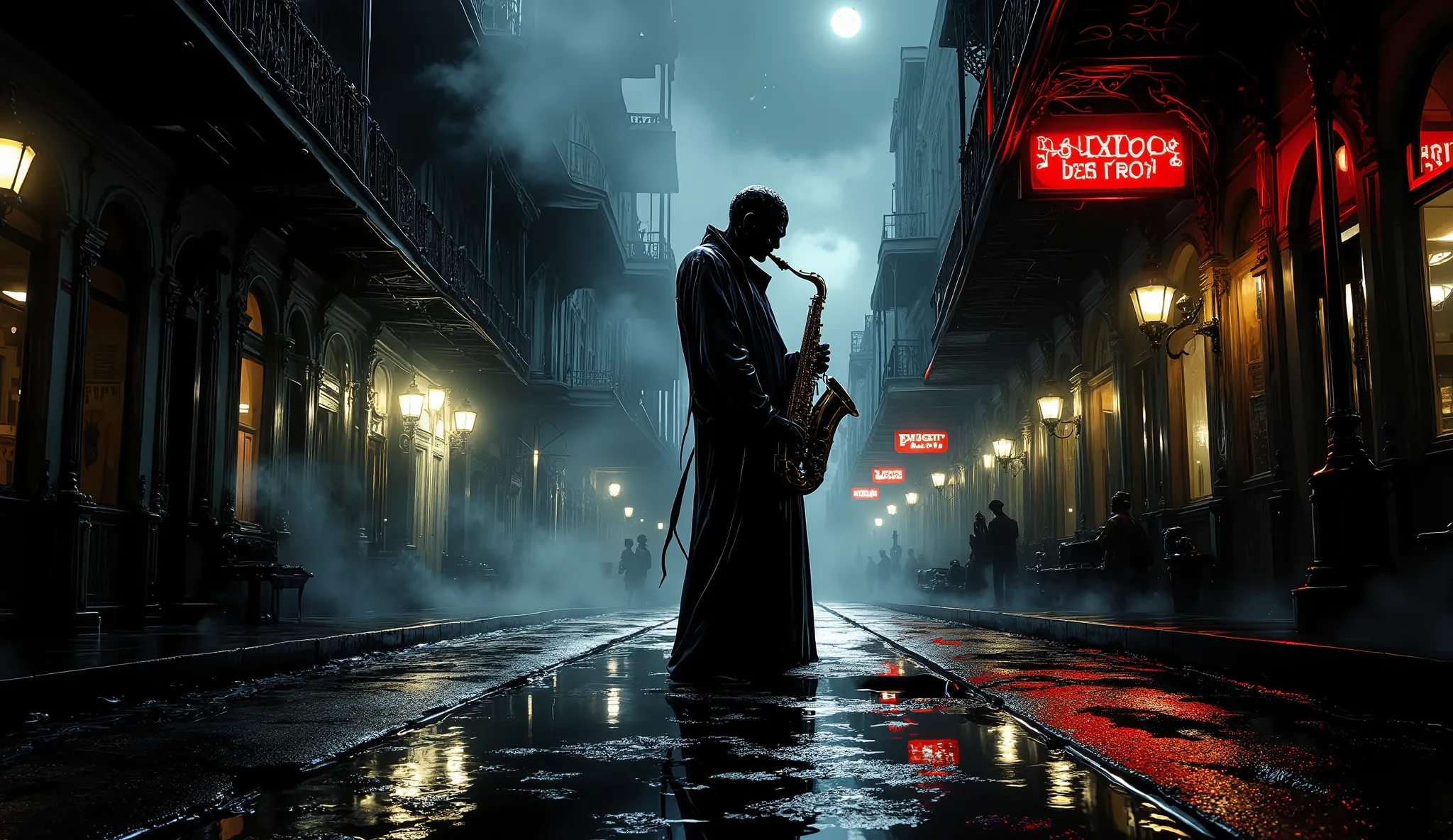 Lone ghost jazz saxophonist, rain-drenched street corner in New Orleans French Quarter, playing saxophone soulfully, night scene 1940s, steam rising from manholes, wet cobblestone streets reflecting neon signs, historic ornate buildings, dramatic low-key l...