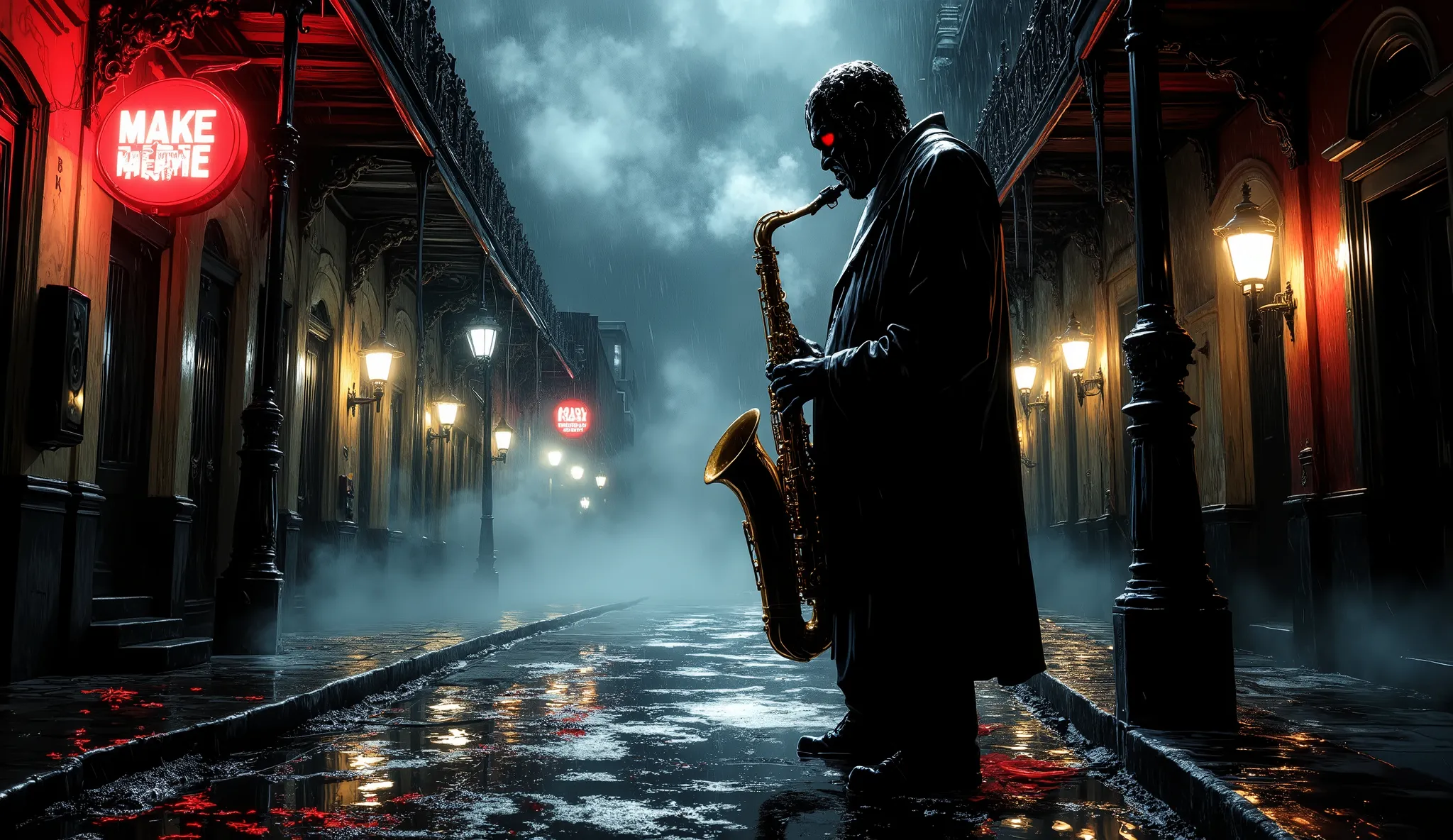 Lone monster jazz saxophonist, rain-drenched street corner in New Orleans French Quarter, playing saxophone soulfully, night scene 1940s, steam rising from manholes, wet cobblestone streets reflecting neon signs, historic ornate buildings, dramatic low-key...
