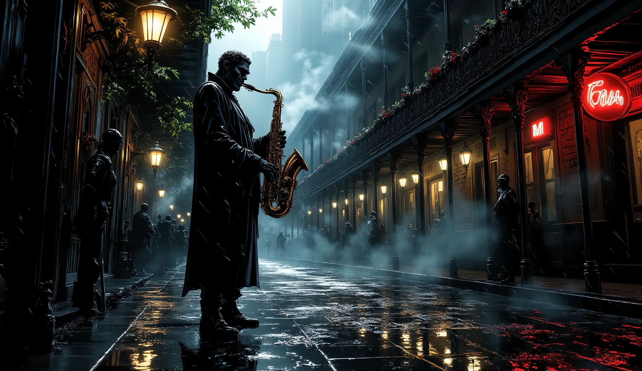 Lone monster jazz saxophonist, rain-drenched street corner in New Orleans French Quarter, playing saxophone soulfully, night scene 1940s, steam rising from manholes, wet cobblestone streets reflecting neon signs, historic ornate buildings, dramatic low-key...