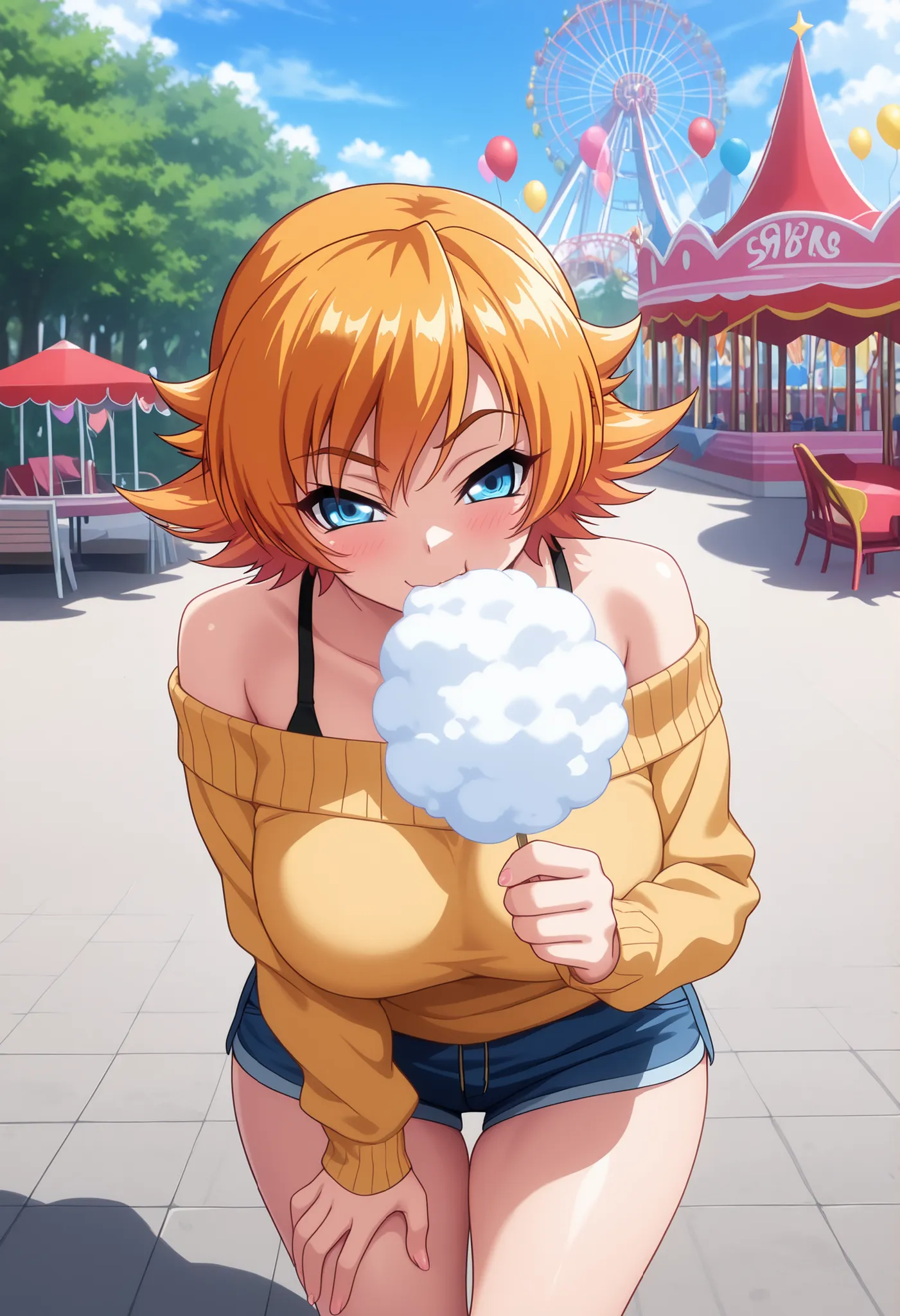 masterpiece, good quality, best quality, very as2, absurdres, highres, shadow, vivid,
1girl, Igawa Sakura, cowboy shot, holding cotton candy, eating, hand on own thigh, 
looking at viewer, smirk, blush, happy,
orange hair, short hair, flipped hair, blue ey...