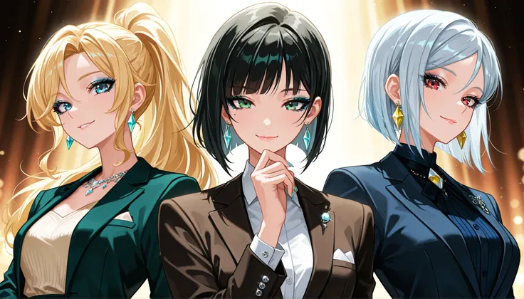 3 women. Top quality, masterpiece, 748cm style, upper body, single woman, sophisticated cold eyes, red eyes, shiny silver hair in a high ponytail, tailored suit jacket, minimal diamond jewelry, chic earrings, ice blue gradient nails, bold makeup, casual sm...