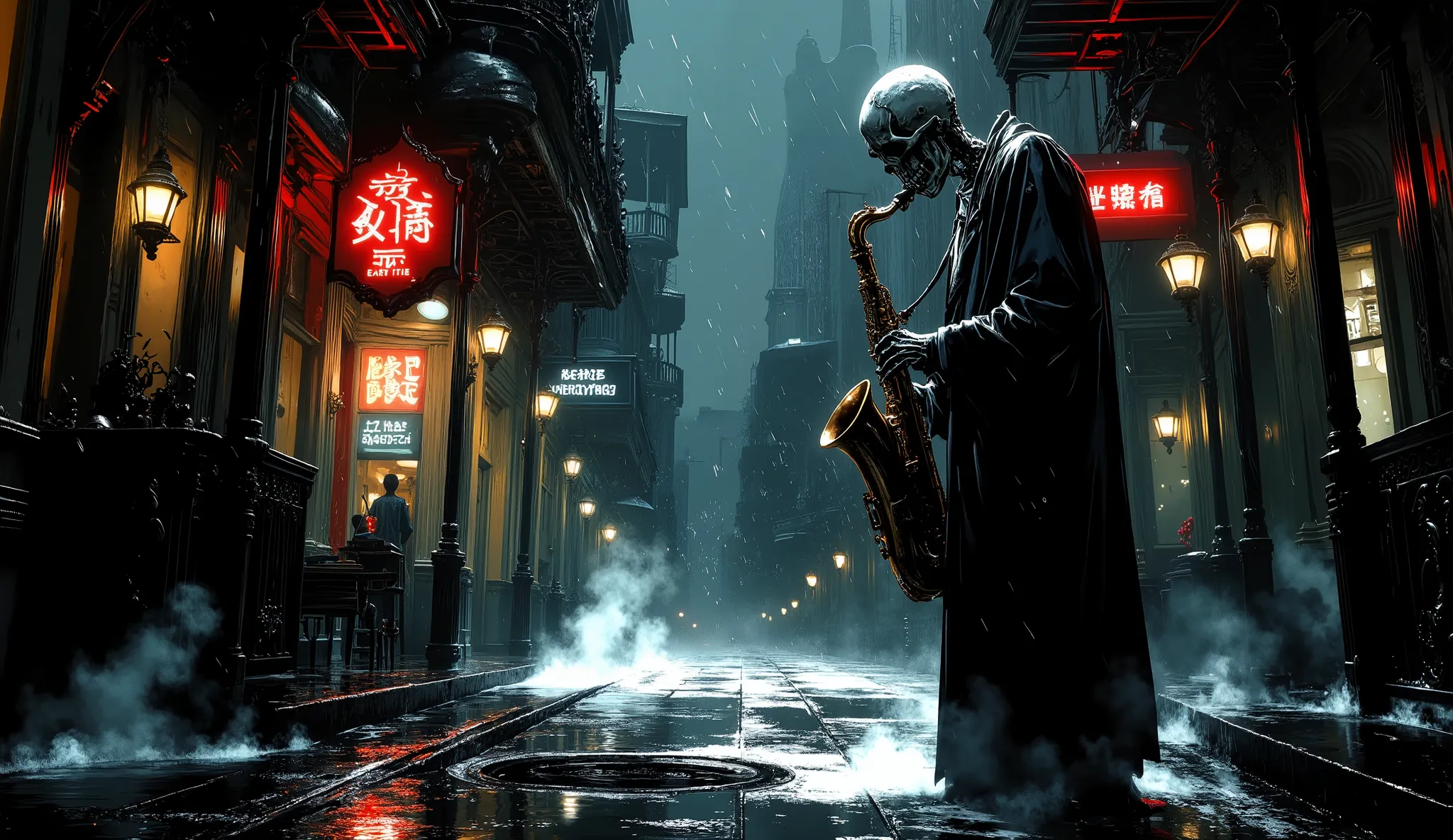 Lone skeleton jazz saxophonist, rain-drenched street corner in New Orleans French Quarter, playing saxophone soulfully, night scene 1940s, steam rising from manholes, wet cobblestone streets reflecting neon signs, historic ornate buildings, dramatic low-ke...