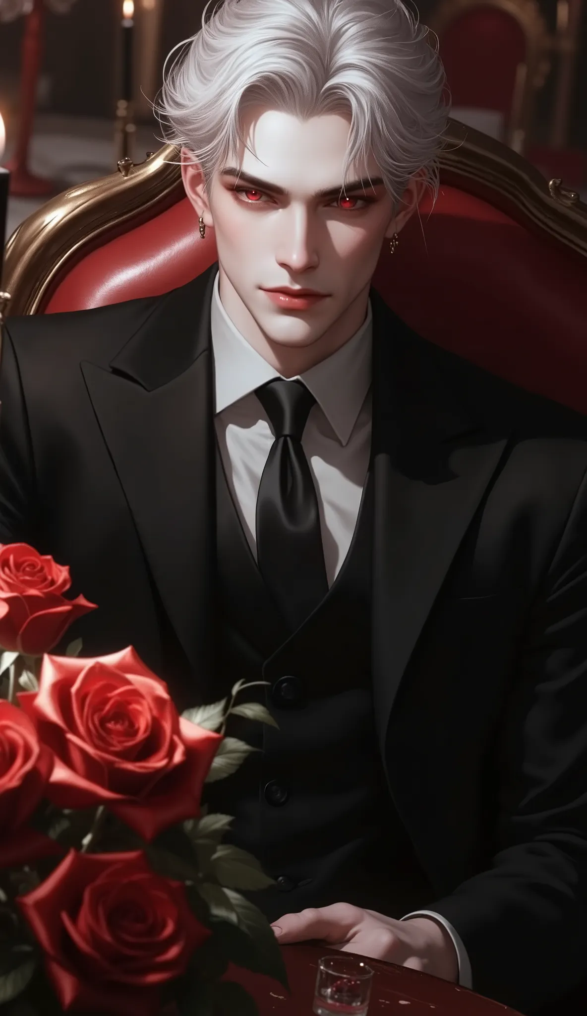 A mature man ,30 years old,sitting on the burgundy sofa chair,In front of you is the dining table,There are red roses on the table,has short, slightly rolled silver white hair,, red eyes shimmer in the candlelight,pale skin but with aristocrat-like eleganc...