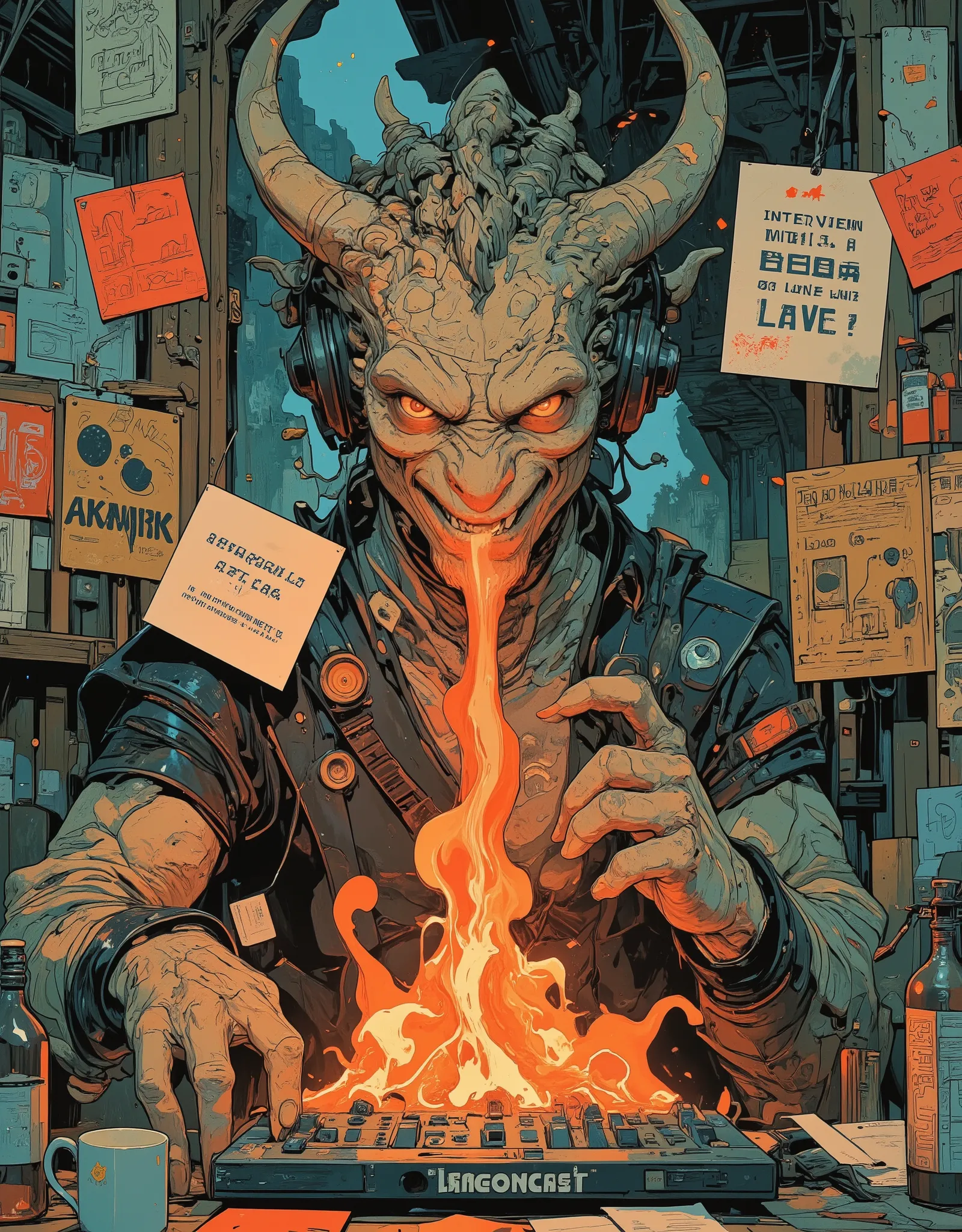 Picture a cheerful charismatic dragon wearing headphones, sitting at a studio mixer with a burning "DragonCast" logo. He has a microphone in his clawed paws, and there are recordings scattered around with titles like "Interview with a Marketing Troll" and ...
