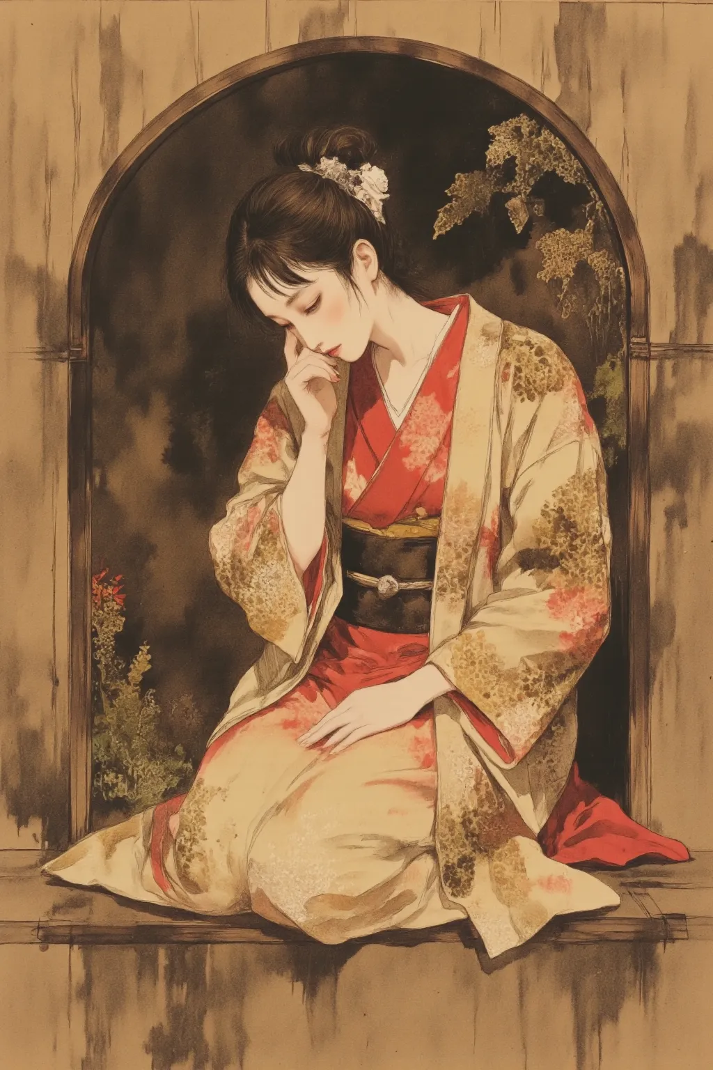There is a woman in a kimono kneeling、with her head down and a sad expression、There is a woman in a kimono kneeling with a red accent on the sepia color、Balanced Composition、Realistic、Delicate Shading、Contrast of Light and Shadow、warm colors、painting-like illustration、Beautiful and Delicate Digital Art、Anime Art Nouveau、Korean Art Nouveau Anime、Japanese painting style、Woodblock print、bokeh、Beautiful Artwork Illustrations, Inspire Kano Motonobu、4K High Resolution、high quality、masterpiece