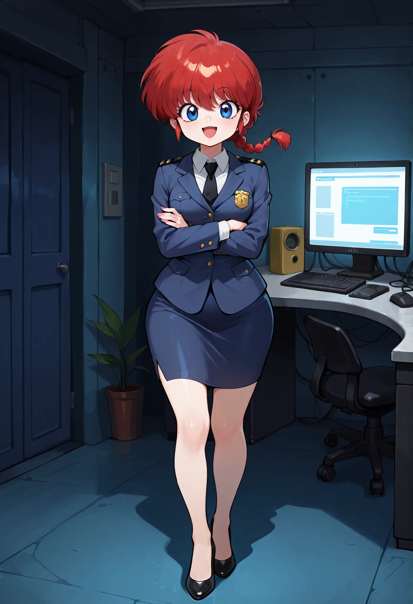 safe_pos, Ranma Saotome. red hair. pigtail. blue eyes. braid. small breasts. huge hips. necklace. black eyeliner. pink manicure. | old,oldest,1girl,peacestreamer, solo, jacket,uniform,formal,necktie,pencil skirt,high heels,happy,:d,full body,crossed arms,...