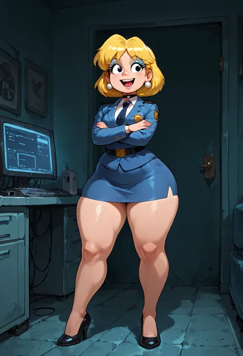 Lori Loud. medium breasts, huge hips, blonde hair, black eyes, blue eyeshadow, pearl earrings, white earrings. choker.| old,oldest,1girl,peacestreamer, solo,  jacket,uniform,formal,necktie,pencil skirt,high heels,happy,:d,full body,crossed arms,indoors,dar...