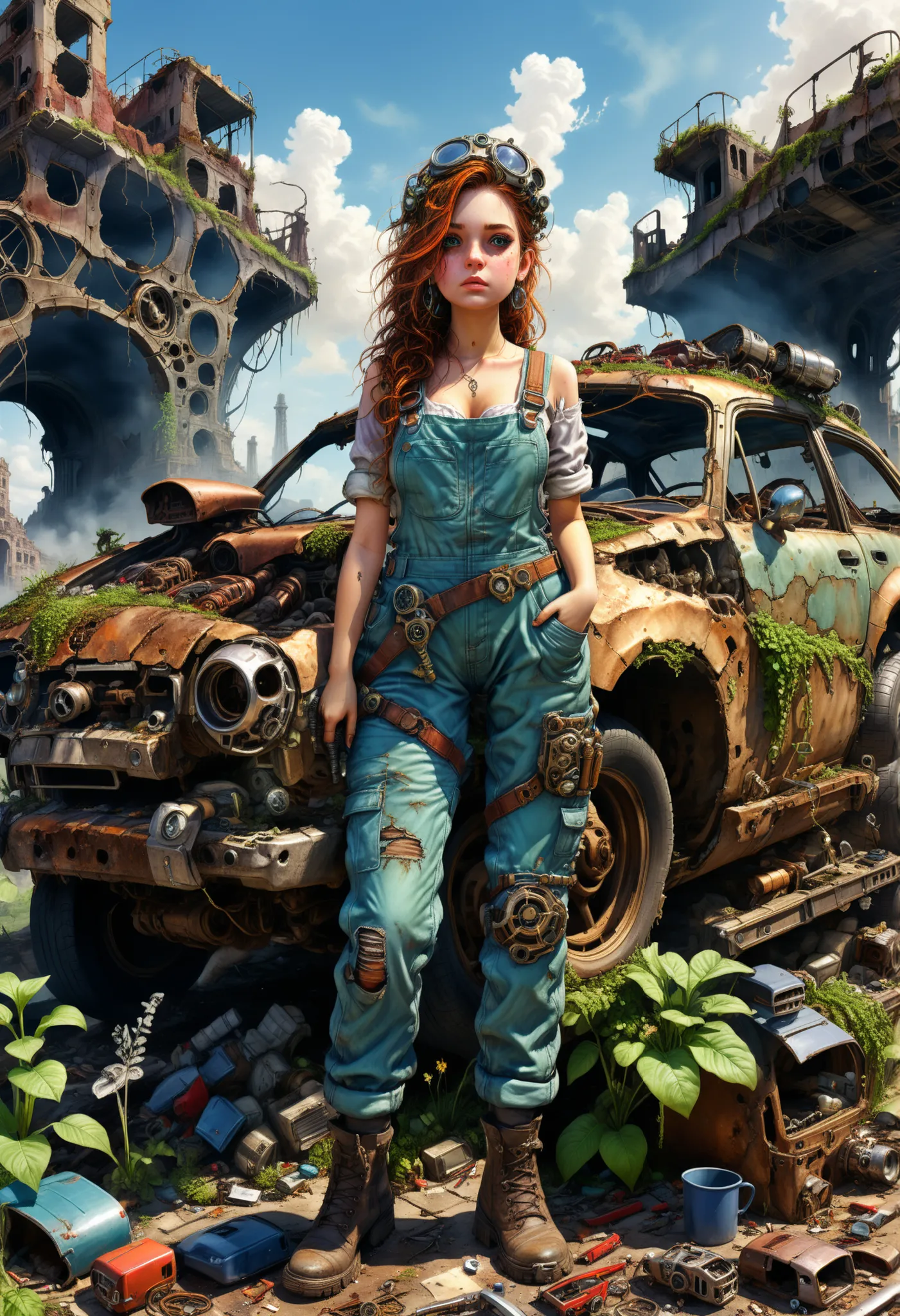 A woman dressed in a mechanic's overalls repairing her car on a highway in a ruined post-apocalyptic city, the place is deserted only she and her car are seen in the landscape, the city is invaded by plants and ruined buildings, the entire landscape is ver...