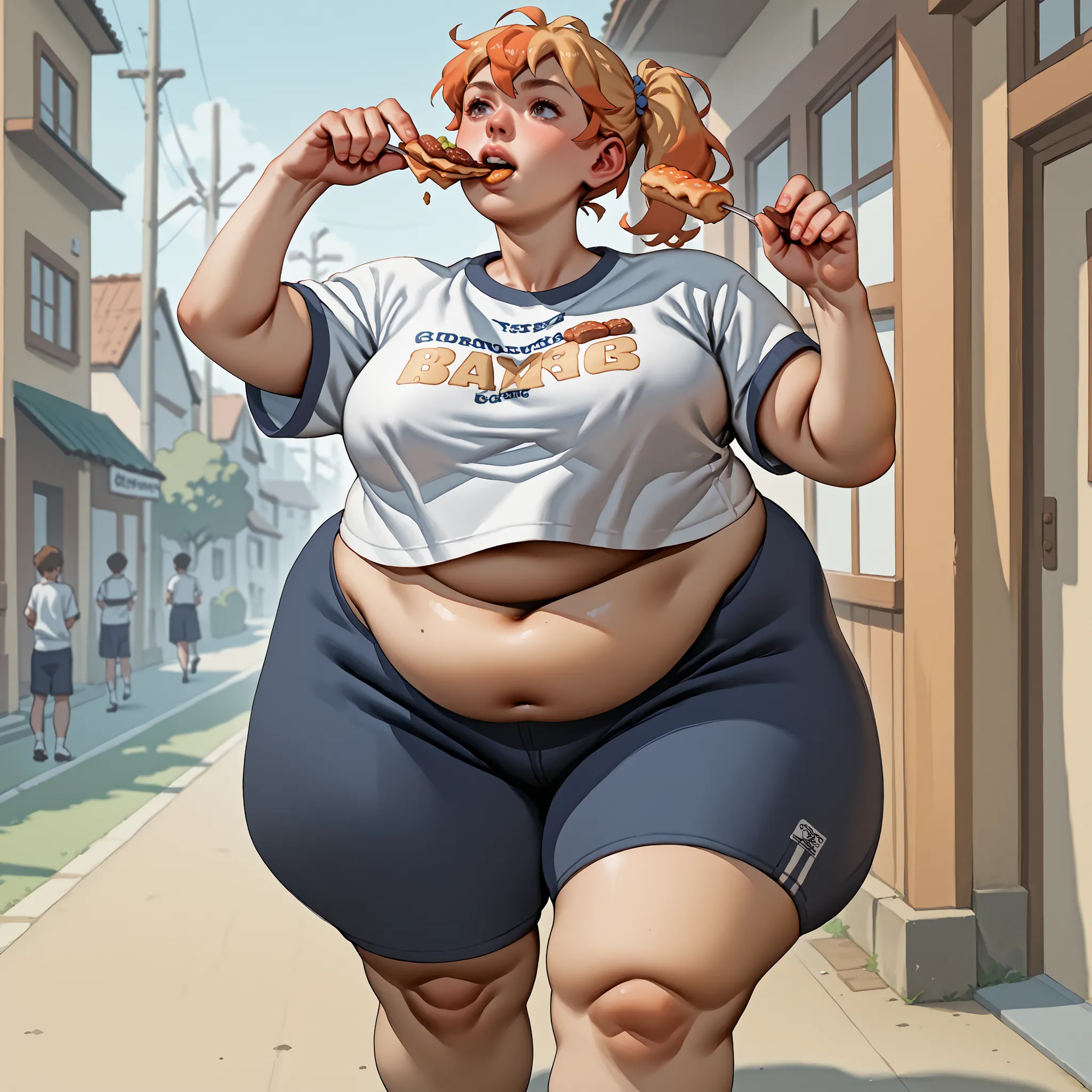 Score_9, score_8_up, score_7_up, score_6_up, score_5_up, score_4_up, anime_Manga style, cover to a manga, main character is BBW school girl with a chubby belly and food in her mouth. She is picking up a l smaller male student in class running out of class....