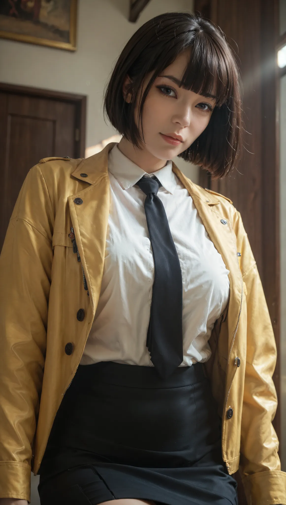 looking at viewer, seductive face,soft light, high detailed, best quality, cowboy shot, from Below,m18, CyberRealistic_Negative_PONY_V2, brown eyes, short hair, bob cut, brown hair, black hair, black eyes, blunt bangs,yellow jacket, long sleeves, black nec...